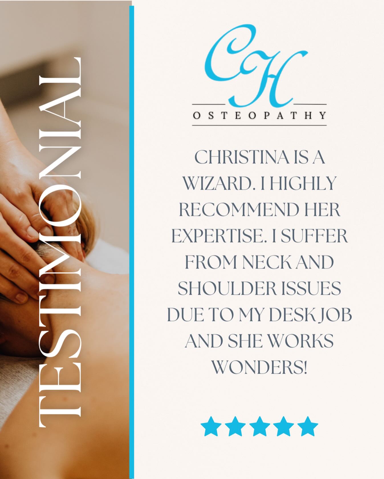 Testimonial…✨
So grateful for feedback like this 💙
📞 01634 710292
🖥 info@chosteopathy.co.uk
🌐 www.chosteopathy.co.uk
#chosteopathy #osteopathy #sportsmassage #testimonial #lovemyjob