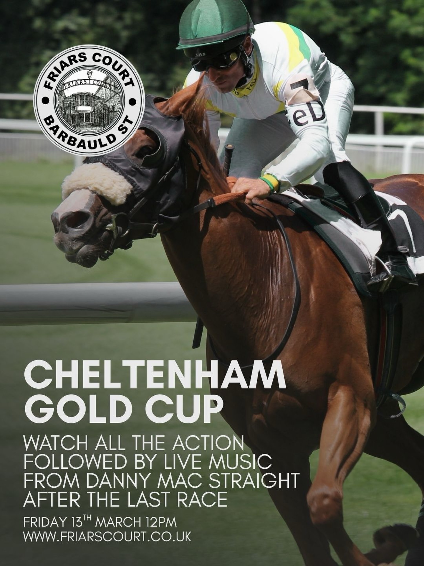 Join us at Friars Court as we show every race live — from the first roar to the final furlong — then keep the celebrations going with live music straight after the last race!
🐎 Big screens. All the action. Unmissable day. 🐎