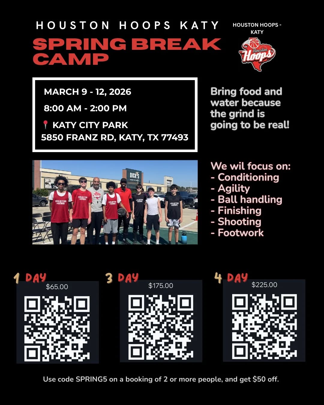 Katy parents, get ready for an epic Spring Break basketball experience! 🏀
Houston Hoops Spring Break camp (Mar 9-12, 8AM-2PM) at Katy City Park. Take skills to the next level.
Scan the QR Code tk register now!
1 Day - $65
3 Day - $175
4 Day - $225
Use code SPRING5 to get $50 off on booking on a booking if 2 or more people.
#HoustonHoops #BasketballCamp #katytexas #houstonhoopskaty #basketballmindset