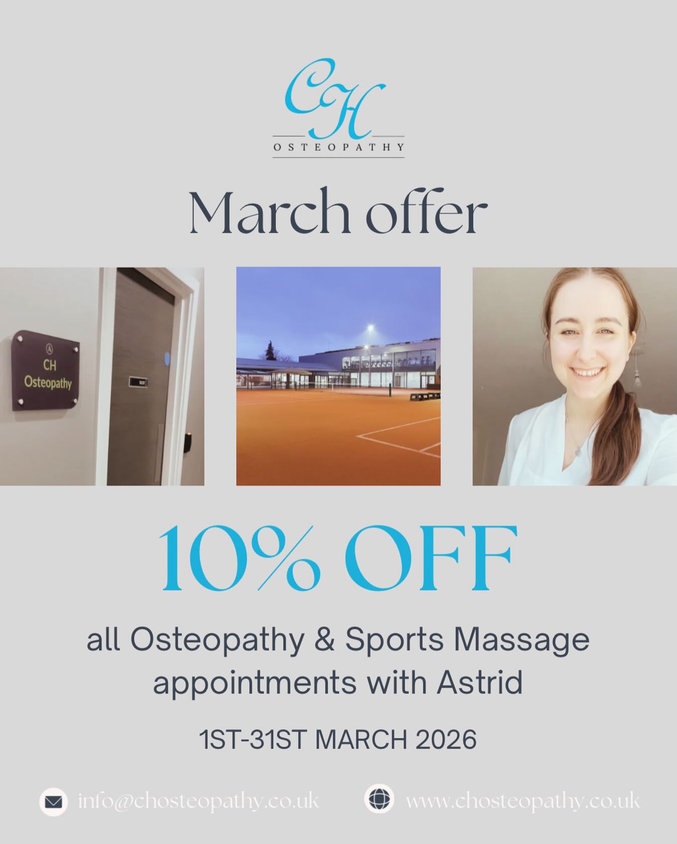 March Offer with Astrid ✨
Astrid is offering 10% off all osteopathy and sports massage appointments throughout March. 💙
Whether you’re dealing with aches and pains, training for an event, or just feel like your body needs a reset, this is a great opportunity to prioritise yourself. 🥰
Appointments are limited, so if you’ve been meaning to book in, now’s the perfect time.
📅 Available throughout March
📍 10% off all appointments with Astrid
Book online or get in touch using the details below 👇🏻
📞 01634 710292
🖥 info@chosteopathy.co.uk
🌐 www.chosteopathy.co.uk
#Osteopathy #MSKHealth #CHOsteopathy