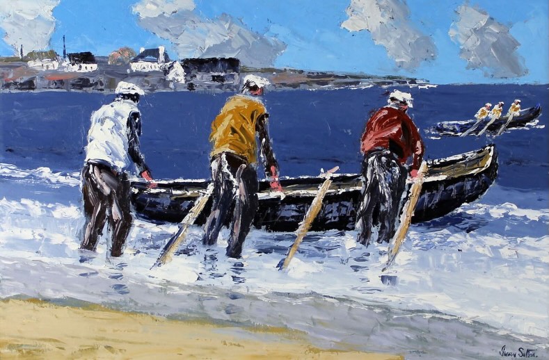 Gormley’s Francis St Dublin. Art Auction. Next Tuesday 10/03/26. Lot 21. “LAUNCHING CURRACH. KILMURVEY BEACH. Inishmore Island. Aran. Co. Galway “. Oils. Canvas 20/30ins. On view now Gormley’s Mullen 57 Francis St D 8. Online bidding now. Phone bidding 086 2575988.
