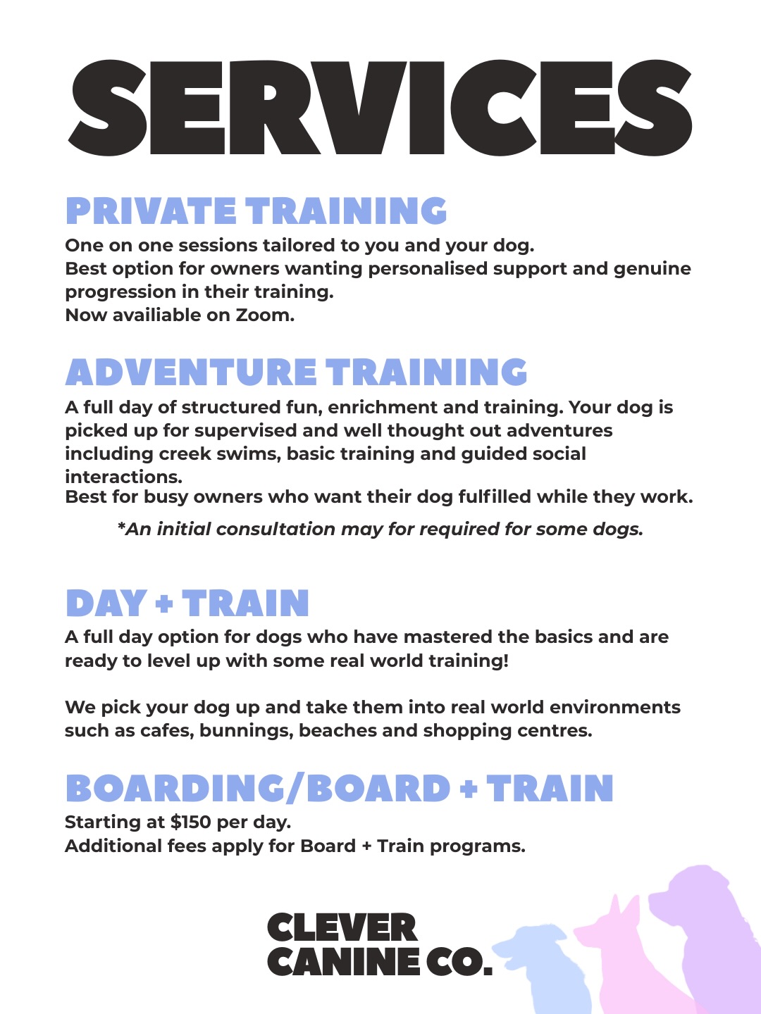 ✨Updated Service and Price list ✨
As we continue to grow and refine our services, our pricing has been adjusted to reflect the quality, care, and results that we deliver, as well as the experience and value behind what we do.
If you have any questions about which service would best suit you and your dog, we’re always happy to help!
Our sincerest appreciation to our valued clients who support us every step of the way and trust us to love your dogs as much as you do.
Clever Canine Co. 🐾