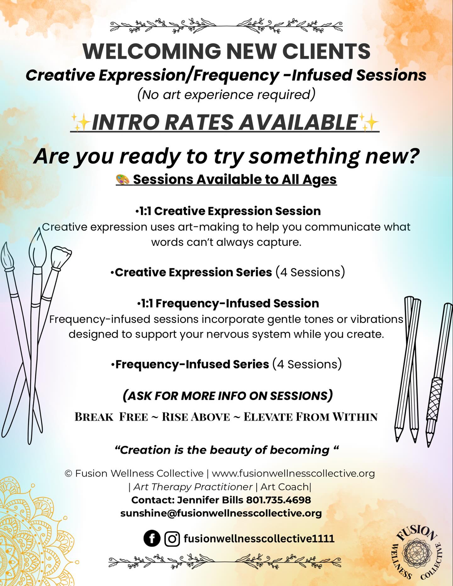 ✨ Now Opening a Few Founding Client Spots ✨
Hi, I’m Jennifer an Art Therapy Practitioner & Art Coach opening space for new clients as I expand this part of my practice.
I’m opening a limited number of 1:1 Creative Expression sessions designed to support emotional expression, reflection, and personal insight.
No art experience needed! You’ll discover what aligns with you 🖌️🎨
- Sessions are available for adults & children.
- Frequency-infused sessions are also available.
✨The first 10 people to book will receive special founding introductory rate.
✨☀️Limited spots available☀️✨
If you’ve been curious about working together, message me “INFO” and I’ll send details, pricing, and scheduling options.💕
#saltlakecity
#arthealing
#utahwellness
#creativehealing
#fusionwellnesscollective
