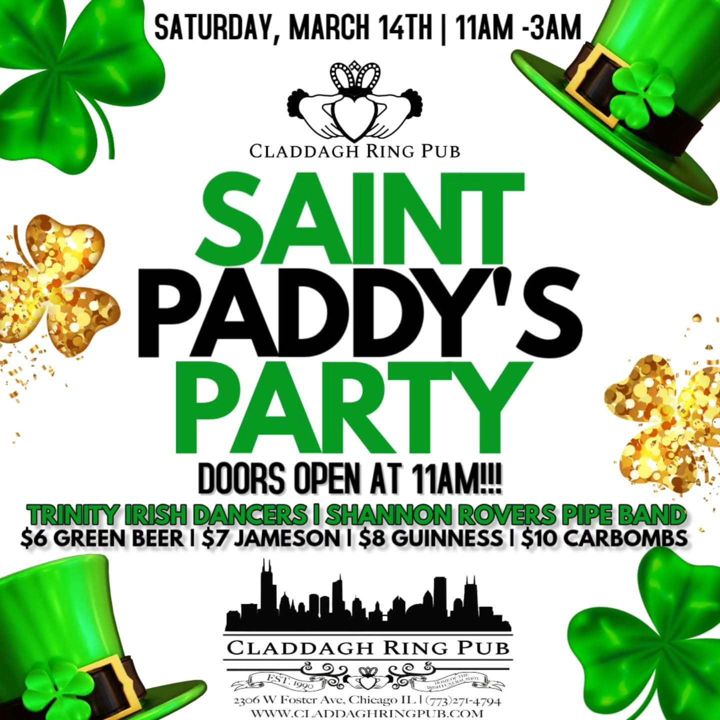 Join us for our annual St. Paddy's Party on Saturday, March 14th from 11AM-3AM. Live Performances by @trinityirishdanceacademy and @shannonrovers