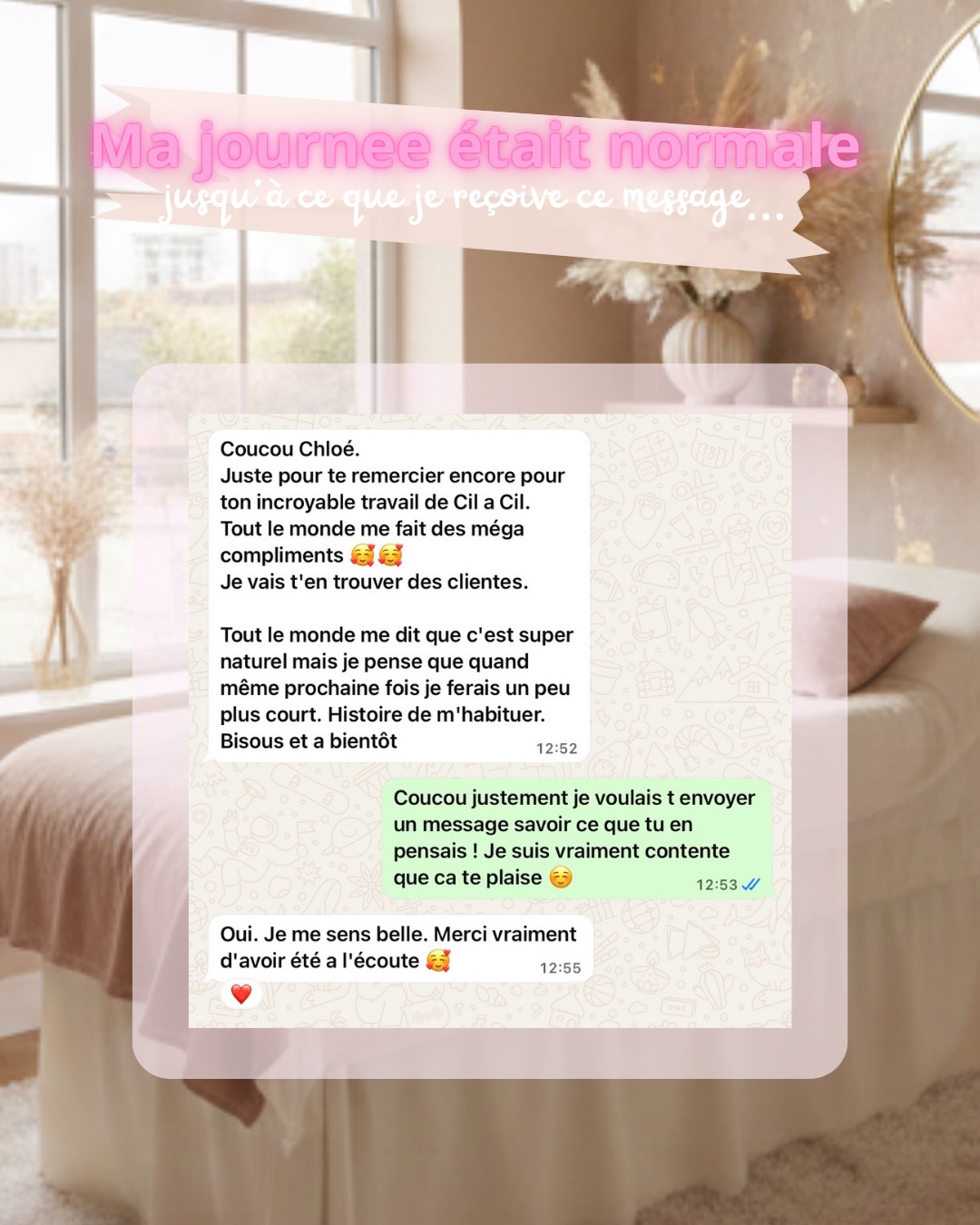 Ma journée était normale… jusqu’à ce que je reçoive CE message 🥹
Elle m’a confié qu’elle voulait se sentir plus féminine, plus sûre d’elle… sans en faire trop.
On a pris le temps d’analyser ensemble ce qui lui correspondait vraiment.
Une pose adaptée à son regard, à la forme de ses yeux, à sa personnalité.
Et aujourd’hui, elle m’écrit qu’elle se sent belle au naturel, même sans maquillage.
C’est exactement pour ça que je fais ce métier 🤍
Si toi aussi tu veux vivre ta propre transformation, laisse moi un commentaire 🩷
#extensionsdecilsbergerac #bergeracmaville #cilsbergerac #bergerac