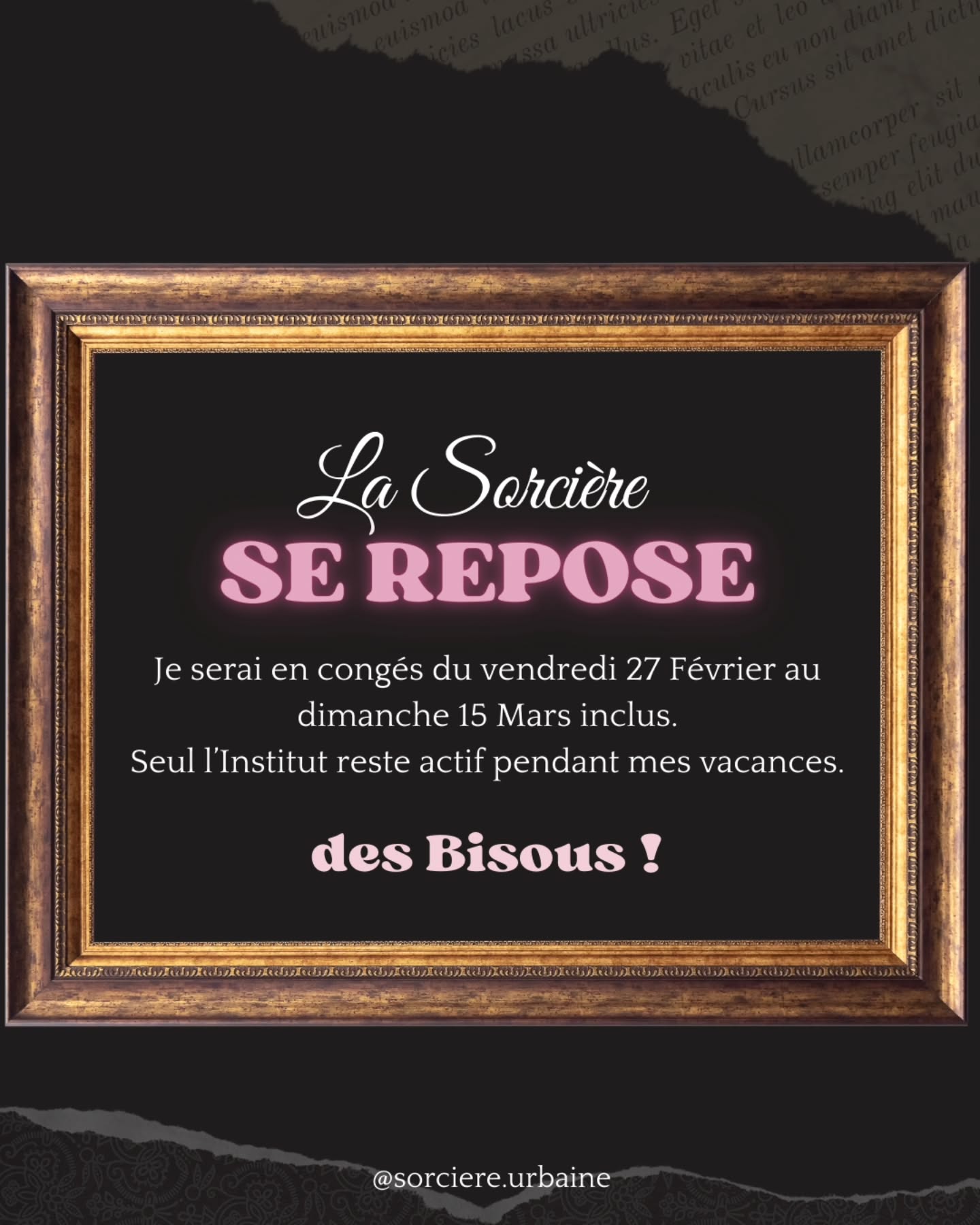 | En vacances 💫 |
On y est !
Je suis en congés dès aujourd'hui jusqu'au lundi 16 mars🌹.
Je prends ces 2 semaines durant lesquelles je ne posterai pas chaque jour ici sur mon feed. Il n'y aura pas de taroscope de la semaine ! Le repos total 🙈 ! Je vais même couper Instagram 👍
Les réservations et commandes sont aussi suspendues, il ne sera pas possible de réserver ni par visio ni par mail (elles sont suspendues depuis un moment mais je préfère le rappeler).
🔥 L'Institut quant à lui reste actif, si tu veux nous rejoindre pour Mars, suis le lien dans la bio 💫🗝
Des bisous et belle fin de mois,
Jade 🔮