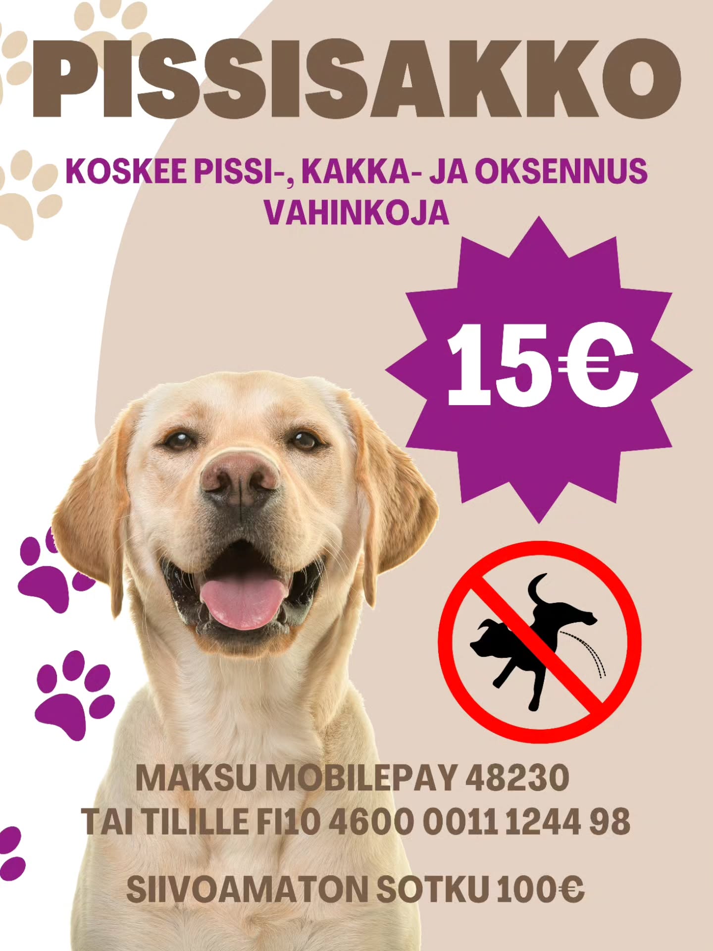 HALLIN PISSISAKKO 💰
Hallilla on käytössä PISSISAKKO 15€
🔻 Koskee kaikkia pissi-, kakka- ja oksennus vahinkoja!
🔻 Jokainen siivoamaton/maksamaton sotku 100€
▫️ Toivomme myös, että jokainen hallin käyttäjä ilmoittaa meille jos havaitsee hallilla siivoamattomia sotkuja. Mikäli havaitsemme väärinkäytöksiä laskutamme niiden mukaisesti.
❌️ Huolehdithan, että et jätä koiraa halliin hetkeksikään valvomatta - halli ei myöskään ole koirien koirapuisto vaan halli on tarkoitettu koirien treenaamiseen.
❌️ Hallin piha-alueelle koirien pissatus on myöskin kiellettyä! Jos hätä yllättää vie koira ripeästi piha-alueen ulkopuolelle tarpeille ja kaikki jätökset kerätään myös ympäristöstä.
💰 Maksu maksetaan joko HuiKeen mobilepay numeroon: 48230 tai kuvassa näkyvään tilinumeroon - molempiin viestiin "pissisakko"
SIIVOUSOHJEET
✅️ Hallin puolelta löytyy 2kpl sankkoja, joissa lukee "siivous" - sankoissa on tarvittavat siivousvälineet (paperi, suihkutettava pesuaine, roskapusseja)
✅️ Kerää/pyyhi sotkut ja käytä sankoissa olevia roskapusseja. Pussi viedään aina ULKOROSKIKSEEN vaikka olisi vain pissivahinko. Suihkuta reilusti sankossa olevaa pesuainetta ja pyyhi/painele kohtaa lisää sekä katso ettei kohta jää kovin märäksi. Lopuksi suihkuta vielä päälle ainetta isommalle alalle. Katso ettei paperista jää murua hallin mattoon/kerää ne pois.
✅️ Hallin etupuolella on iso musta roska-astia, johon viedään kakkapussit ja pussit jos sisälle on sattunut vahinkoja.
💜 Huolehditaan koirien riittävä ulkoilutus ennen treenejä sekä treenien aikana!
💜 Jos koirasi on kova merkkailemaan - käytä hallissa urossuojaa tai juoksuhousuja.
💜 Juoksuiset nartut pitää juoksuhousuja koko ajan hallissa ollessaan.
💜 Kerääthän myös tippuneet namit pois hallin matosta niin ei muilla mene treenit nenä maassa.
💜 Kun kaikki huolehtii parhaansa mukaan ettei vahinkoja sattuisi ja että halli pysyy siistinä - on kaikkien mukavampi käydä hallilla ja treenata, kiitos! 🫶
❤️ HuiKeen väki
#tottisstudiohuikee
#koirakoulukuopio