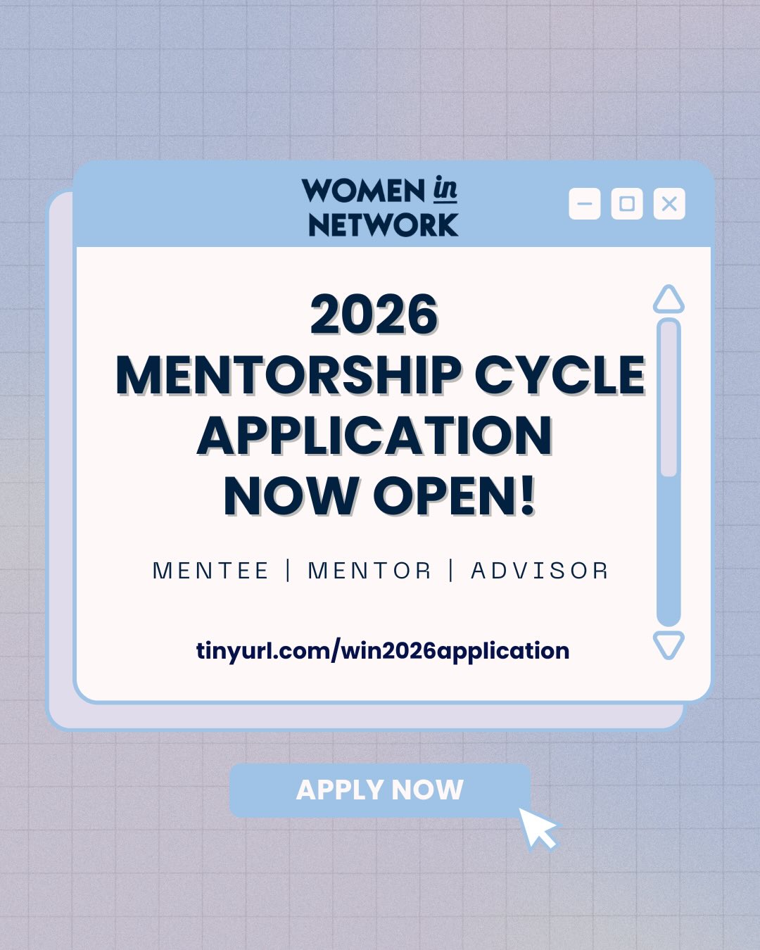 Your network is your net worth, but at WIN, we believe it’s also your support system. ✨
We are so excited to kick off the 2026 mentorship cycle and open up applications!
If you’ve been looking for a space to grow, lead, and connect with like-minded women in business across an industries and generations, this is it.
Whether you’re looking to sharpen your skills as a Mentee, share your experience and wisdom as a Mentor, or provide strategic guidance as an Advisor, we’d love to have you join the WIN community.
✨ Apply at the link in our bio!
📅 Deadline: Wednesday, March 18th, 2026 at 11:59pm PT