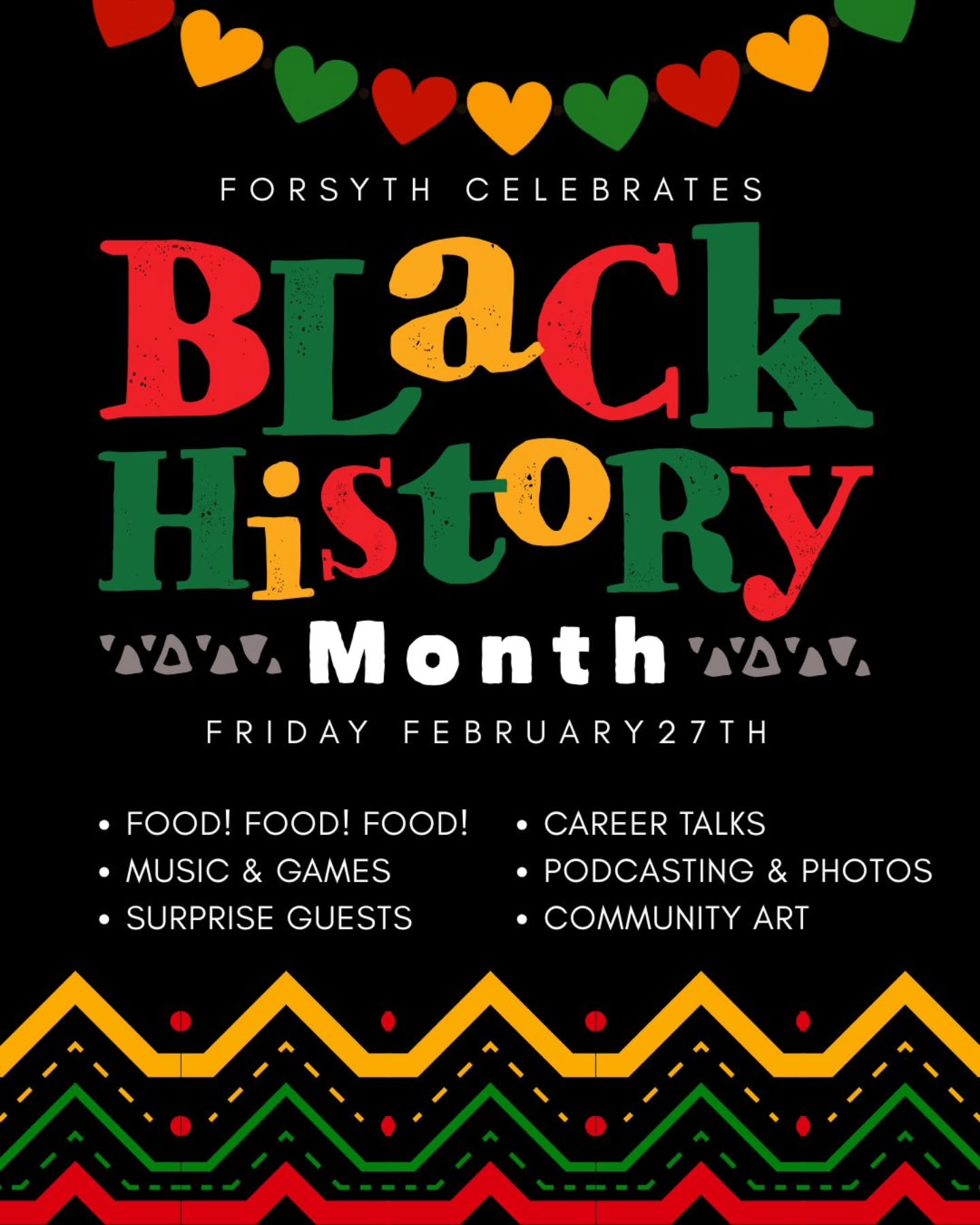 THREADS: A BLACK HISTORY MONTH CELEBRATION
Hey Forsyth. Tomorrow, we will be celebrating Black History Month with an all day school wide event. Through student voices, culture, creativity, and excellence, we will honor the past, uplift the present, and inspire the future. There will be career talks, a community art presentation, student performances, music, games, food and more.
All students welcome — let’s celebrate together.
#blackhistory #culture #celebration #forsyth #blackexcellence