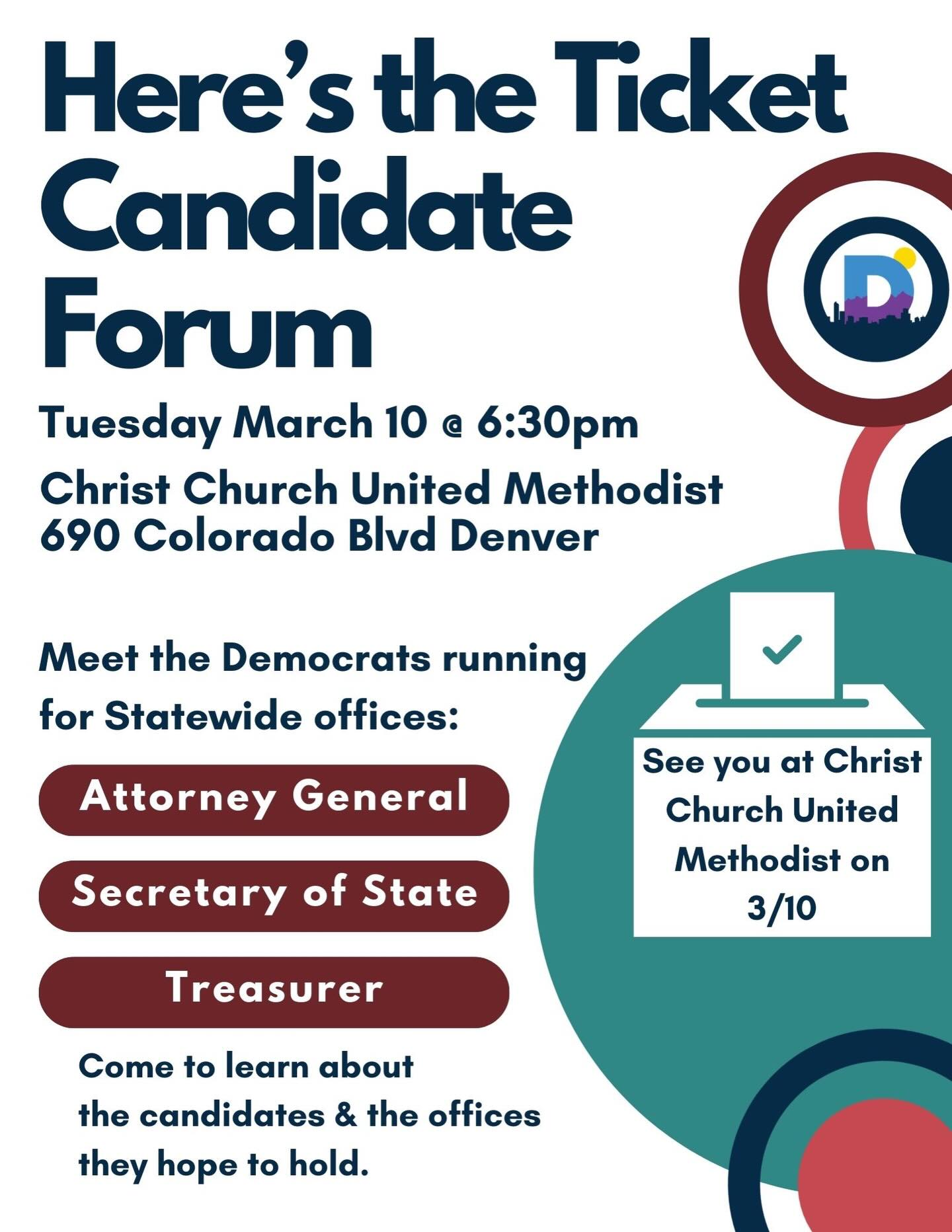 Are you a newly elected delegate looking to understand the CO statewide races? Join us at our next candidate forum to hear from all the candidates running to represent you! See you next Tuesday!