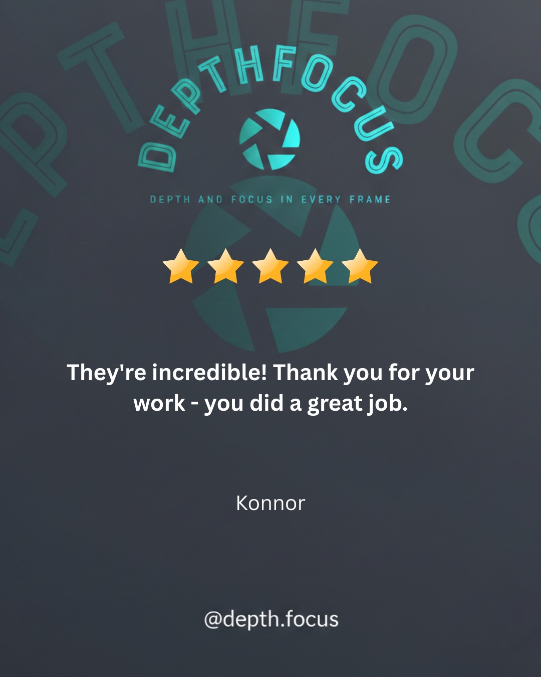 5⭐
“They’re incredible. Thank you for your work.”
We don’t do average.
We don’t rush.
We don’t miss.
Every frame has intent.
Every shoot has direction.
Every client leaves with work that actually delivers what they asked for.
If you’re ready to level up how your vision looks - reach out 😊
@depth.focus