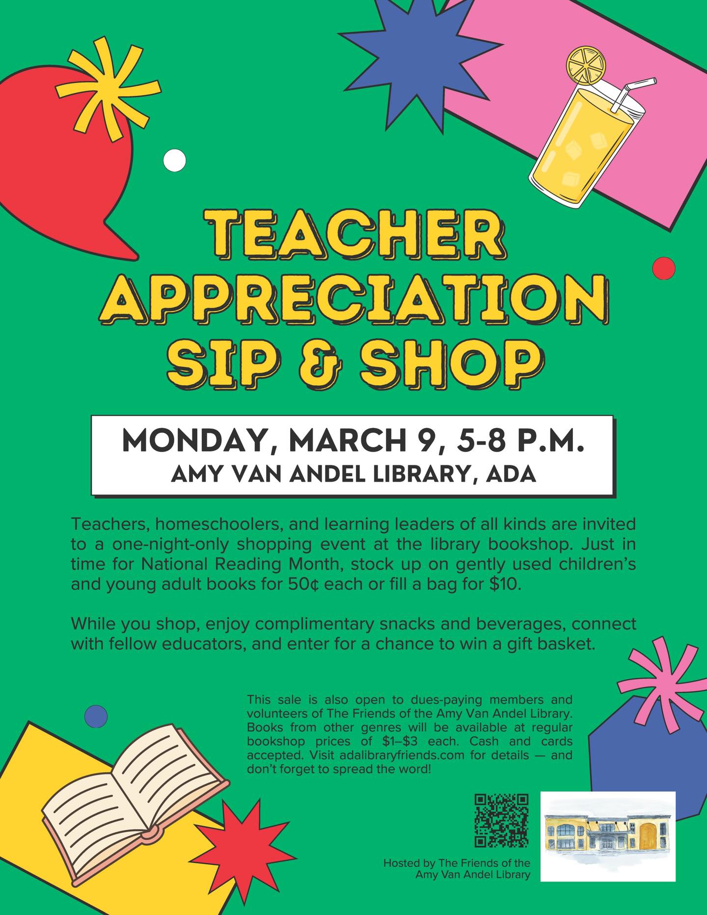 Teachers, homeschoolers, and learning leaders of all kinds are invited to a one-night-only shopping event at the Ada library bookshop on March 9th 5-8pm!
Just in time for National Reading Month, educators can stock up on gently used reads for students and classrooms.
Children’s and young adult books will be specially priced at 50¢ each or just $10 to fill a bag. Books from other genres will be available at regular bookshop prices of $1–$3 each.
Teachers can enjoy complimentary snacks and beverages, connect with fellow educators, and enter for a chance to win a gift basket.
This sale is also open to dues-paying members and volunteers of The Friends of the Amy Van Andel Library.
Ready to become a Friends of the Ada Library member or volunteer? Visit the link in our profile!
Tag a teacher friend who might be interested in this pop-up book sale! 📚🎉🍎