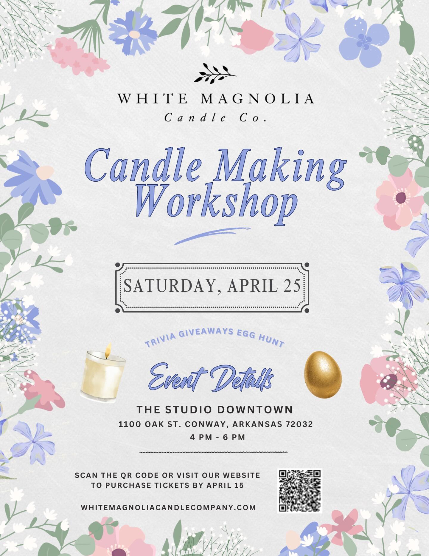 Spring Candle Making Workshop 🌷🌼
Join us for an enjoyable Workshop where you can express your creativity and create stunning candles to illuminate your space! This workshop is ideal for both beginners and seasoned crafters.
We’ll guide you through choosing your favorite scent to pouring your own candle. Learn about the importance of burning clean candles with using soy wax & premium oils. All candle making equipment is included!
Along with the ultimate candle making experience, there will be a nostalgic egg hunt! Find the GOLDEN egg for a chance to win a GRAND surprise!
The excitement of searching for the GOLDEN egg mirrors the care we put into selecting premium ingredients for our candles. It’s about the anticipation, the joy of discovery, and the delightful surprise waiting to be found.
Purchase tickets by April 15 🌼
whitemagnoliacandlecompany.com