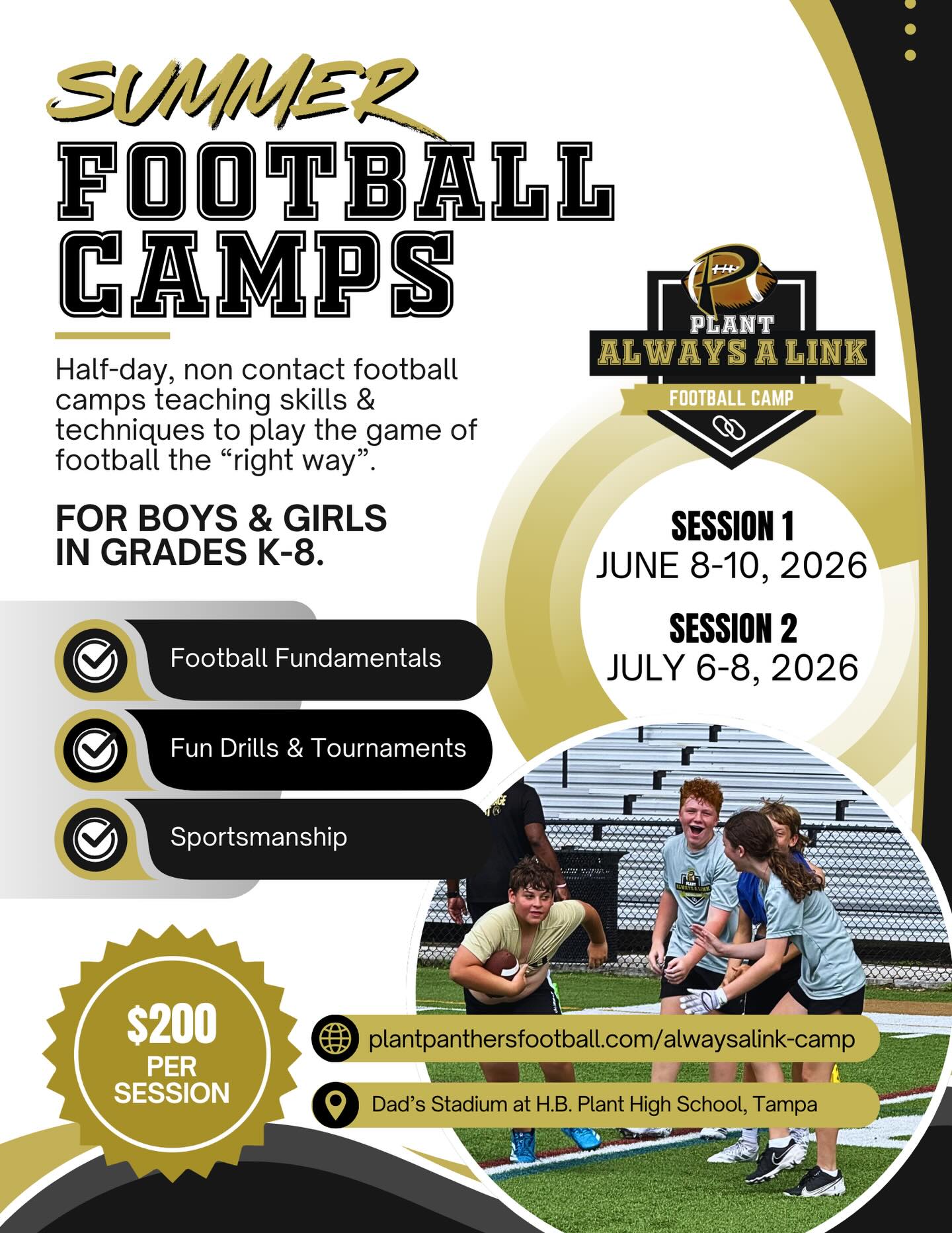 It’s ⌚️ time to make summer camp plans! Join Coach Brown and the varsity team for a few fun days this summer ☀️. Learn new skills, compete in fun drills and 7v7 tournaments. Boys & girls in grades K-8 are invited. 2 camp sessions available. $200/session. Info at plantpanthersfootball.com.
