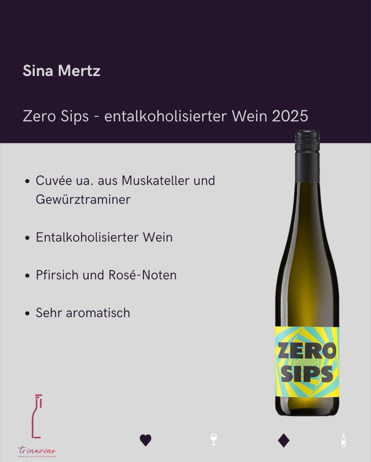 Neu bei uns im Sortiment: zwei Weine von Sina Mertz ✨
Zwei ganz unterschiedliche Charaktere – aber beide mit richtig viel Persönlichkeit:
🌿 ZeroSips 2025
Volles Aroma, aber ohne Alkohol. Fruchtig, lebendig und überraschend intensiv – für alle, die bewusst genießen möchten, ohne auf Geschmack zu verzichten. Ideal für entspannte Abende, als Aperitif oder wenn man einfach mal alkoholfrei unterwegs sein will.
🤍 Weißburgunder 2023
Fein, frisch und elegant. Zarte Frucht, animierende Säure und diese angenehme Cremigkeit, die einfach Lust auf das nächste Glas macht. Perfekt zu leichten Gerichten, Gemüse, Fisch – oder einfach so auf der Terrasse.
Zwei Weine, zwei Stilrichtungen – beide mit der klaren Handschrift von Sina Mertz: modern, präzise und mit ganz viel Gefühl für Balance.
👉 Jetzt entdecken in unserem Shop:
🌐 www.trinavino.de
#trinavino #sinamertz #weissburgunder #alkoholfrei #meckenbeuren