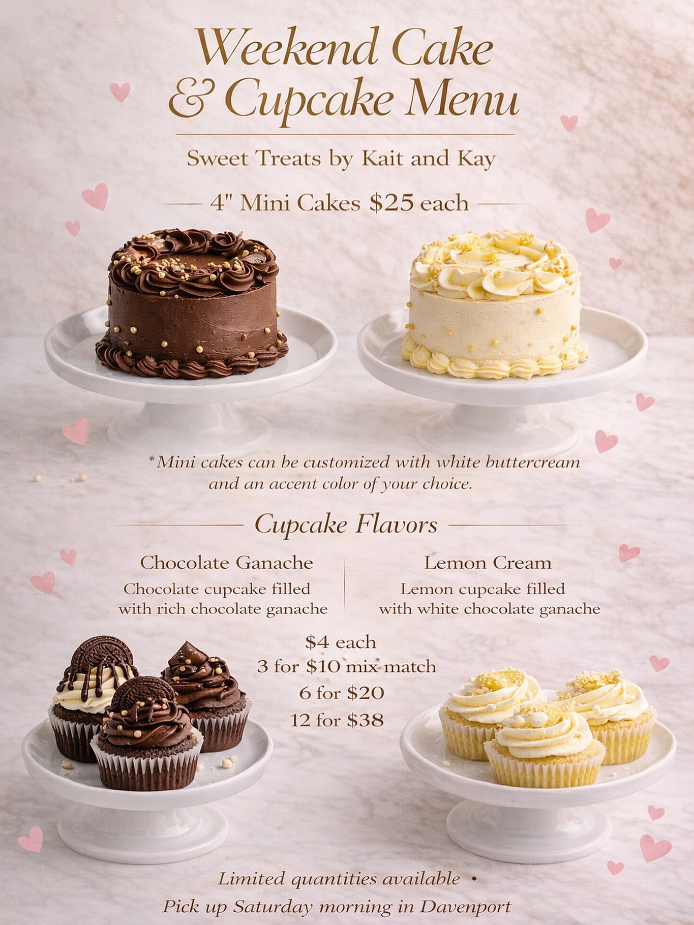 Weekend sweets are here ๐ค
Our 4โ Mini Cakes and filled cupcakes are available this weekend only. Perfect for a small celebration, birthday surprise, or just a sweet treat.
Mini Cakes
Chocolate Indulgence or Lemon Velvet
$25 each
Can be customized with white buttercream and an accent color of your choice.
Cupcake Flavors
Chocolate Ganache
Lemon Cream
$4 each
3 for $10 mix & match
6 for $20
12 for $38
Limited quantities available.
Pickup Saturday morning in Davenport.
Send a message or place your order online before we sell out.
#sweettreatsbykaitandkay
#davenportflbakery
#davenportflorida
#polkcountybakery
#centralfloridabakery
#orlandobakery
#orlandodesserts
#davenportdesserts
#polkcountydesserts
#orlandocakes
#minicakes
#cupcakebox
#filledcupcakes
#ganachecupcakes
#lemoncupcakes
#chocolatecupcakes
#weekendtreats
#smallbatchbakery
#supportlocalfl
#floridabaker
#disneyarea
#disneyvacationtreats
#championsgatefl
#hainescityfl
#winterhavenfl
#lakelandfl
#celebrationfl
#kissimmeefl
#customcakesfl
#centralfloridadesserts