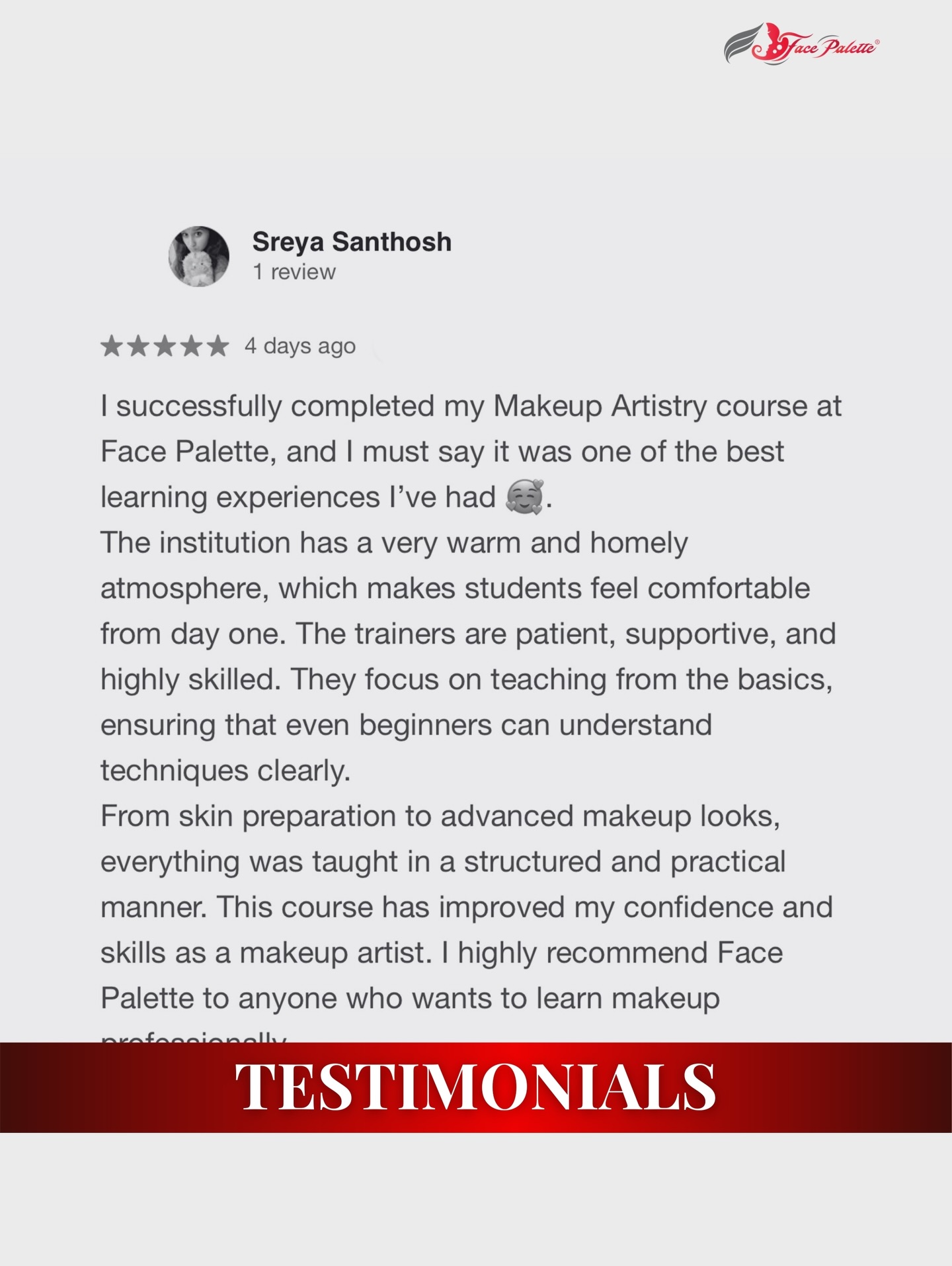𝐒𝐓𝐔𝐃𝐄𝐍𝐓 𝐑𝐄𝐕𝐈𝐄𝐖 – 𝐓𝐄𝐒𝐓𝐈𝐌𝐎𝐍𝐈𝐀𝐋 & 𝐅𝐄𝐄𝐃𝐁𝐀𝐂𝐊 - Because when passion meets the right guidance, artistry blooms.
We’re truly grateful for the love and trust our students share!
Every journey at Face Palette is built with patience, clarity, and professional care — and seeing our students grow into confident artists is our biggest reward.
📍 Certified by EICBI London
📞 Call/WhatsApp: 9847074073
🌐 Join from anywhere in the world!
#facepalette #studentreview #makeupacademy #promakeupcourse #makeuptraining