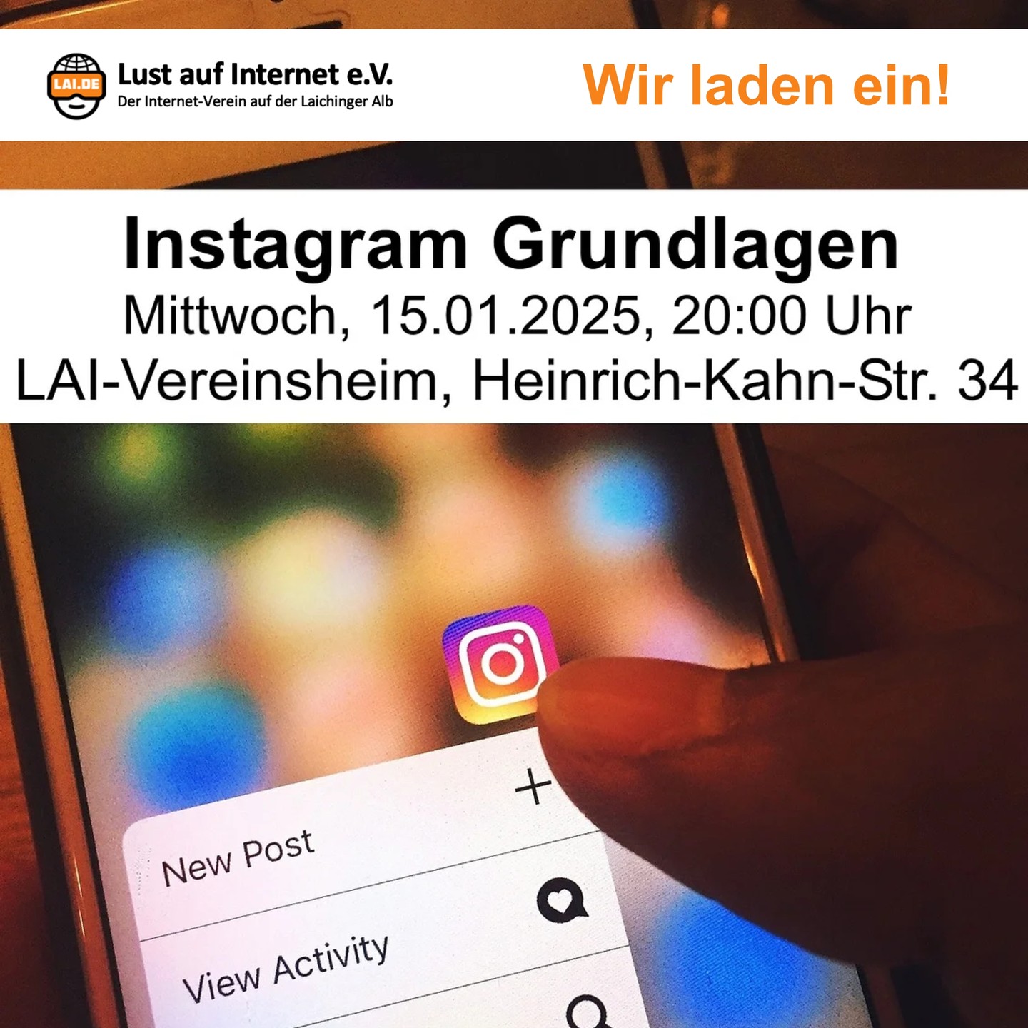 Am 15. Januar 2025 gibt es im LAI-Vereinsheim in Laichingen eine Einführung in Instagram. Entdecke, wie du die Plattform nutzen kannst, um Inhalte zu teilen und Kontakte zu knüpfen. Perfekt für Einsteiger – komm vorbei und erfahre, wie Instagram funktioniert! Wir zeigen den Einstieg mit praktischen Beispielen. Der Eintritt ist wie immer frei. #Laichingen #LaichingerAlb #lustaufinternet #instagram #instagramGrundlagen #weiterbildung #albdonaukreis #vortrag