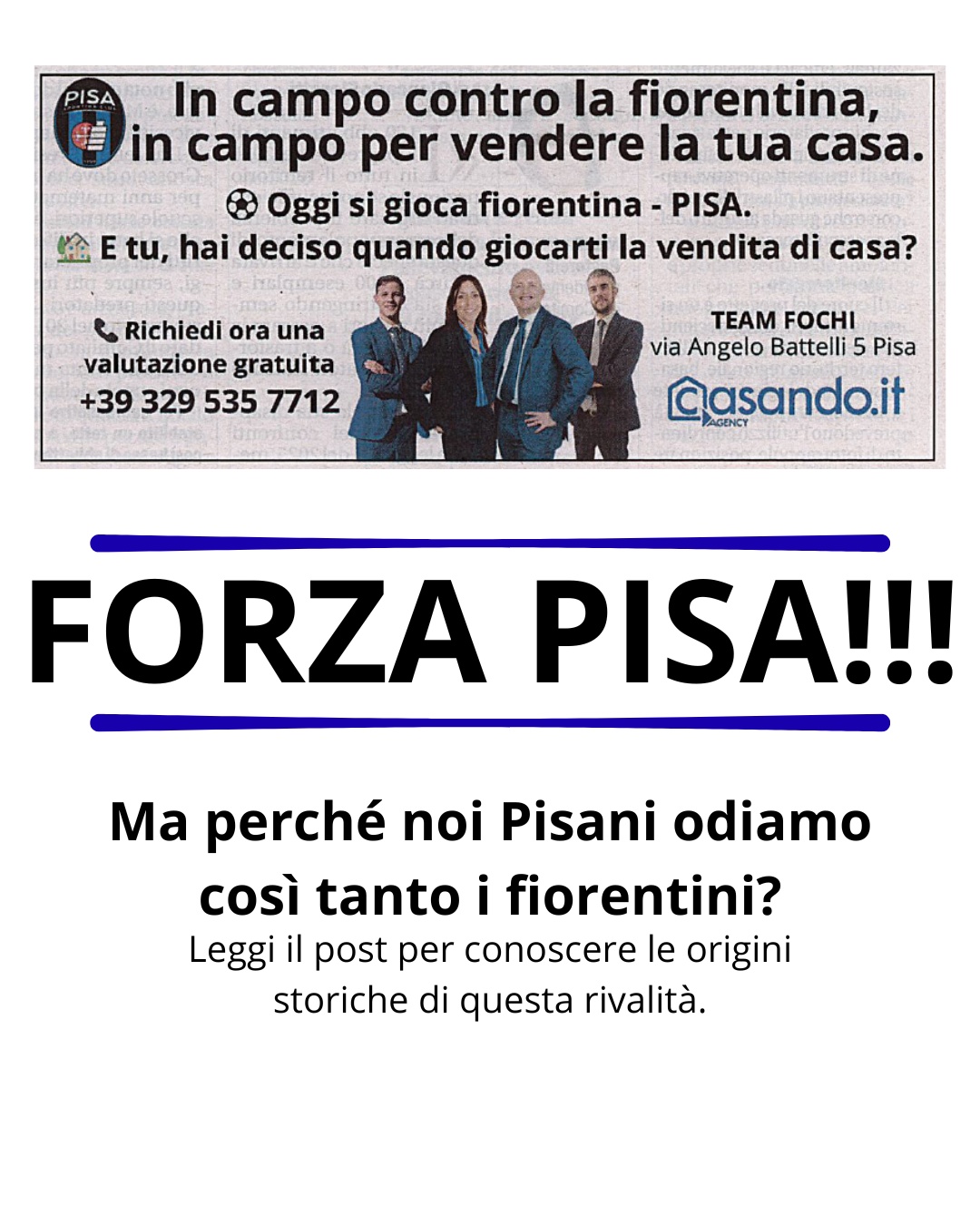 💜⚽ fiorentina – PISA
Non è solo una partita.
È storia che ritorna.
Nel 1406 Firenze conquistò Pisa.
Ma una cosa non è mai stata conquistata:
l’orgoglio pisano.
Noi non siamo “anti” qualcuno.
Siamo semplicemente pisani.
Prima di essere toscani.
Prima di tutto.
Quando il Pisa Sporting Club affronta la ACF Fiorentina
non è solo calcio.
È identità.
💙🖤 Forza Pisa. Sempre.
—
Scrivilo nei commenti:
per te è solo calcio… o è qualcosa di più? 👇
#ForzaPisa #OrgoglioPisano #FiorentinaPisa #Pisa #RepubblicaMarinara #SerieA #CalcioItaliano