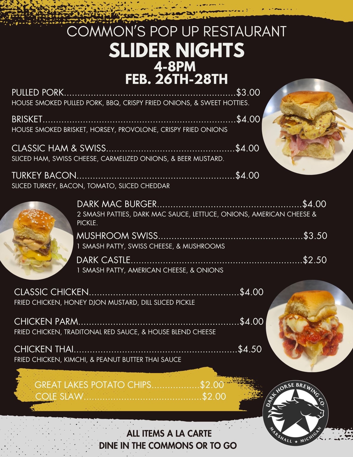Slider season has entered the chat 🍔🔥
Common’s Pop Up Restaurant is bringing the heat with Slider Nights from 4–8PM, Feb. 26th–28th.
From house smoked pulled pork and brisket to the Dark Mac Burger, Chicken Parm, and even a Chicken Thai slider… this lineup is stacked. Sweet, smoky, crispy, saucy — however you like it, there’s a slider with your name on it.
Grab a few. Mix and match. Add chips or slaw. Pair it with your favorite Dark Horse pour. 🍺
Dine in The Commons or take it to go.
See you this week!
#DarkHorseBrewery #TheCommons #MarshallMI