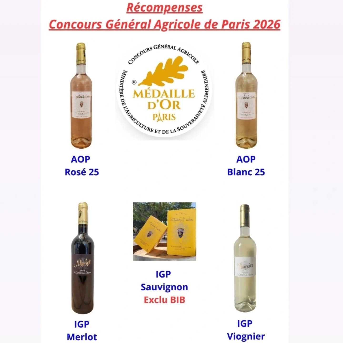 Chers Épicuriens,
Pas une, ni deux, ni trois mais bien cinq médailles d'or que nous avons eu l'honneur de recevoir au Concours Général Agricole de Paris 2026 ! 🎉🥇
- AOP Rosé
- AOP Blanc
- IGP Viognier
- IGP Sauvignon
- IGP Merlot ( nouvelle cuvée qui arrivera prochainement )
A bientôt dans notre boutique 😉
#concoursgeneralagricole #oppidumdescauvins #medailledor #vin #provence