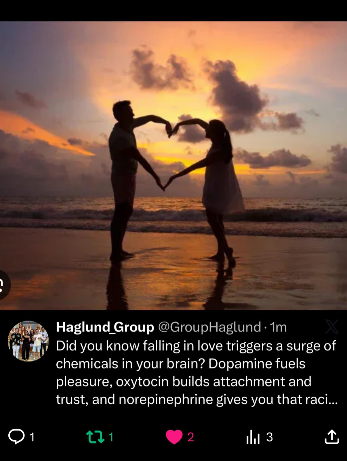 Did you know falling in love triggers a surge of dopamine, oxytocin, and norepinephrine in your brain?
Dopamine fuels pleasure and motivation, oxytocin builds attachment and trust, and norepinephrine gives you that racing-heart, can’t-stop-thinking-about-them feeling. Love is literally a powerful neurochemical reaction.
Reference: https://neurosciencenews.com/love-brain-dopamine-oxytocin-30110/