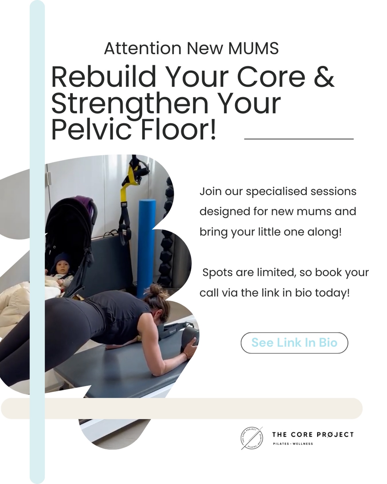 New mums, this one’s for you! ✨
At The Core Project Pilates, we create a friendly, supportive space to restore your core and boost pelvic floor strength, all while your little one is nearby, safe, and entertained. Bring your bub along and enjoy a session designed just for you. A peronalised, one-on-one session with just you, a TCP trainer and your bub!
Spots are limited, so book your call via the link in bio and join our baby friendly community today!