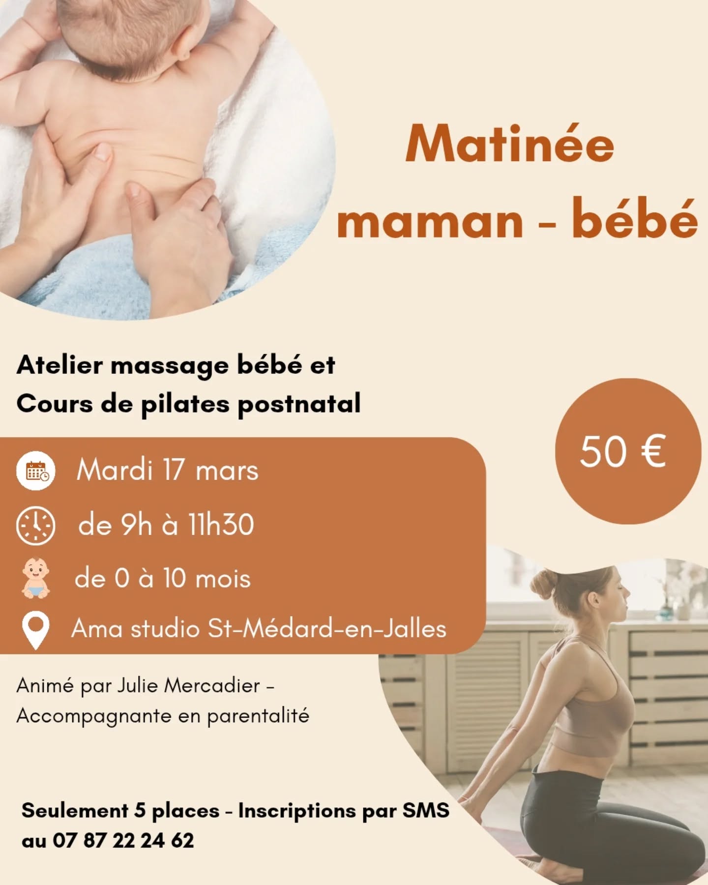 🌸 Matinée des Mamans – Atelier massage bébé et pilates postnatal 🌸
Cette matinée est l’occasion parfaite de rencontrer d’autres mamans, d’échanger, de partager, et de créer du lien dans un cadre doux et bienveillant 🫶
📅 Lundi 17 mars
⏰ De 9h à 11h30
📍 À Saint-Médard-en-Jalles, au sein de Ama Studio de Pilates
Au programme :
👶 1h d’atelier massage bébé avec Julie Mercadier - accompagnante en parentalité : apprendre des gestes simples et apaisants pour renforcer le lien avec votre tout-petit
☕ Pause boisson chaude & douceur – un vrai temps pour papoter, échanger entre mamans et créer des connexions
🧘♀️ 1h de pilates postnatal avec Estelle Lahourcade - kiné spécialisée en rééducation périnéale : pour se reconnecter à son corps en douceur
Pendant la séance de pilates, Julie sera présente pour accompagner les bébés si besoin, afin que vous puissiez profiter pleinement de votre pratique 🤍
✨ Studio entièrement privatisé pour la matinée
🚗 Stationnement facile juste devant le studio
👩👧 Groupe limité à 5 mamans
👶 Bébés de 0 à 10 mois
💶 50€ la matinée
Un moment chaleureux, intime et ressourçant… pour prendre soin de bébé, de vous, et tisser de nouveaux liens 🌷
📲 Réservation par SMS au 07 87 22 24 62
(Places très limitées)