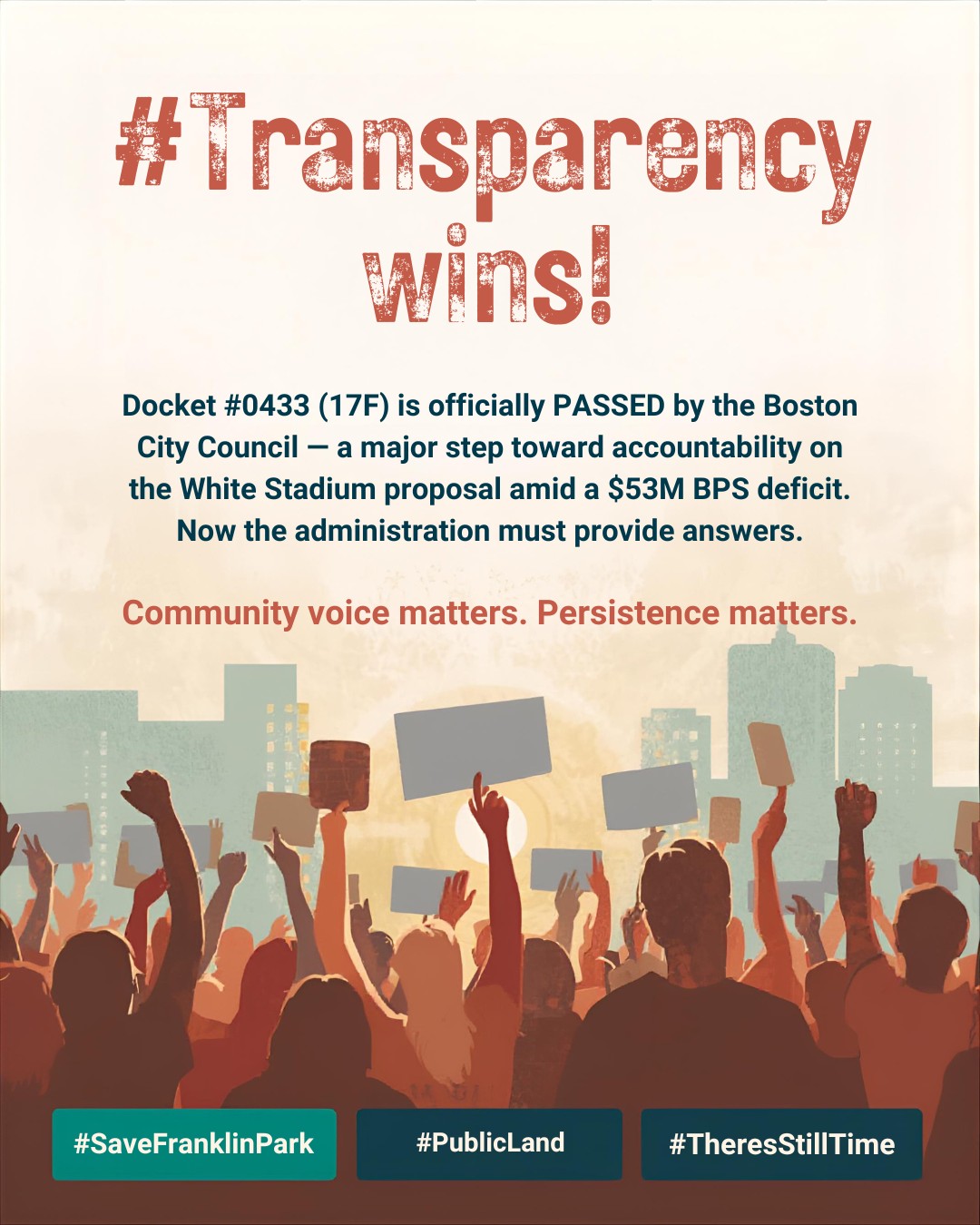 🎉 Transparency wins!
Docket #0433 (17F) has officially PASSED by the Boston City Council — a major step toward accountability on the White Stadium proposal amid a $53M BPS deficit.
Now the administration must provide answers.
Community voice matters. Persistence matters.
#SaveFranklinPark #PublicLand #TheresStillTime