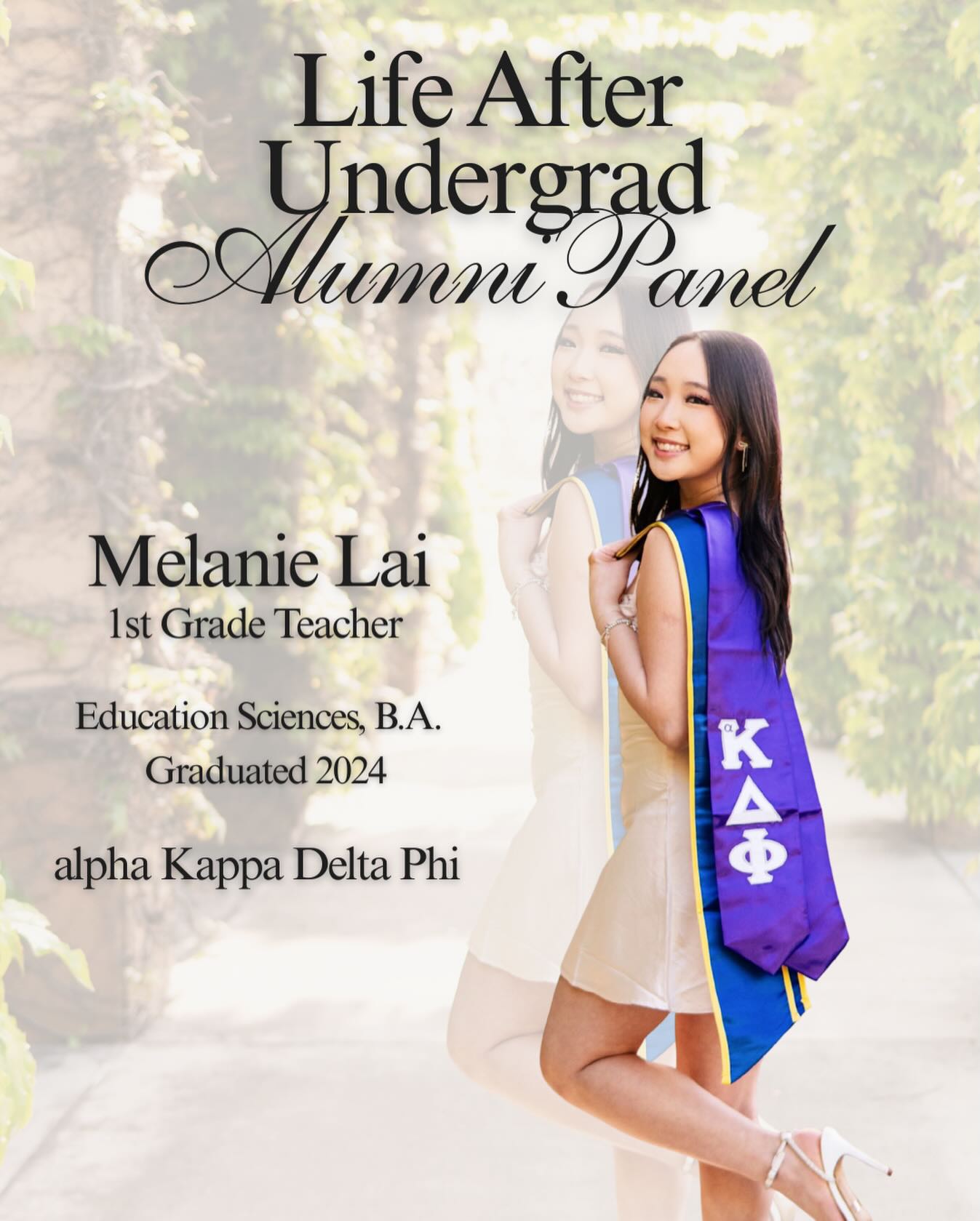 Meet our alumni panelist! Melanie Lai graduated in 2024 with a B.A. in Education Sciences and is currently a 1st grade teacher!
Learn more about her experiences at our alumni panel on Tuesday!
#msfc #sorority #fraternity #uci #ucievents
