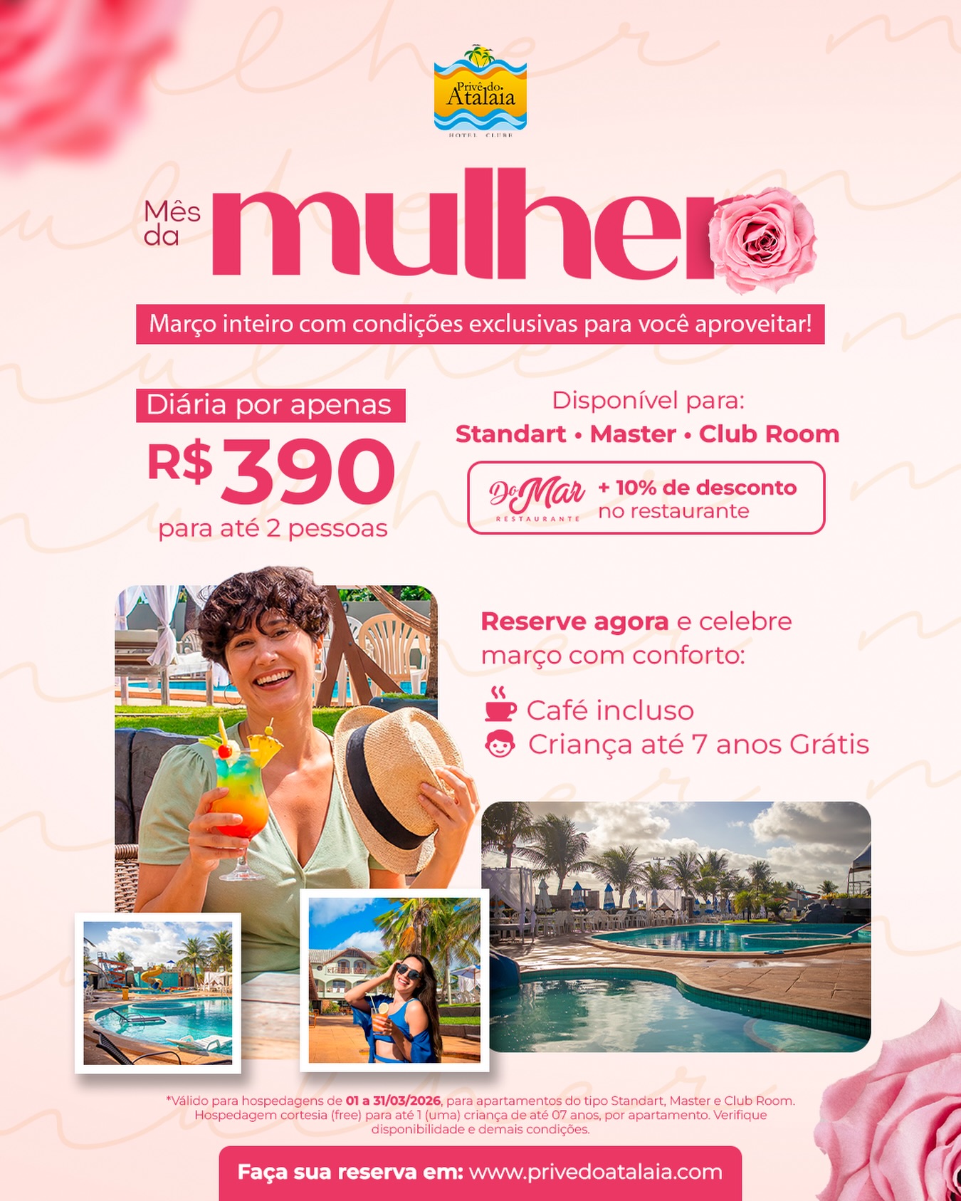 Março é delas… e esse nosso paraíso também! 💖🌊 No Mês da Mulher, o descanso, o cuidado e os momentos especiais têm endereço certo: o Hotel Privê do Atalaia! Preparamos condições exclusivas pra você viver dias leves, com muito mar, praia e boas energias.
✨ Diárias a partir de R$390 para até 2 pessoas
✨ Válido de 01 a 31/03 para categorias Standart, Master e Club Room
✨ +10% de desconto no restaurante Do Mar Restaurante
É o momento de se presentear, reunir as amigas ou simplesmente desacelerar com quem você ama. 💕
💬 Garanta já sua reserva e venha viver essa experiência especial à beira-mar!
Reservas no site: www.privedoatalaia.com
Ou fale com nossa equipe: 📲 (91) 98495-4244 / (91) 98458-2327
Hotel Privê do Atalaia
📍Praia do Atalaia | Salinas-PA
#MêsDaMulher #PrivêDoAtalaia #Salinas #HotelNaPraia #Descanso