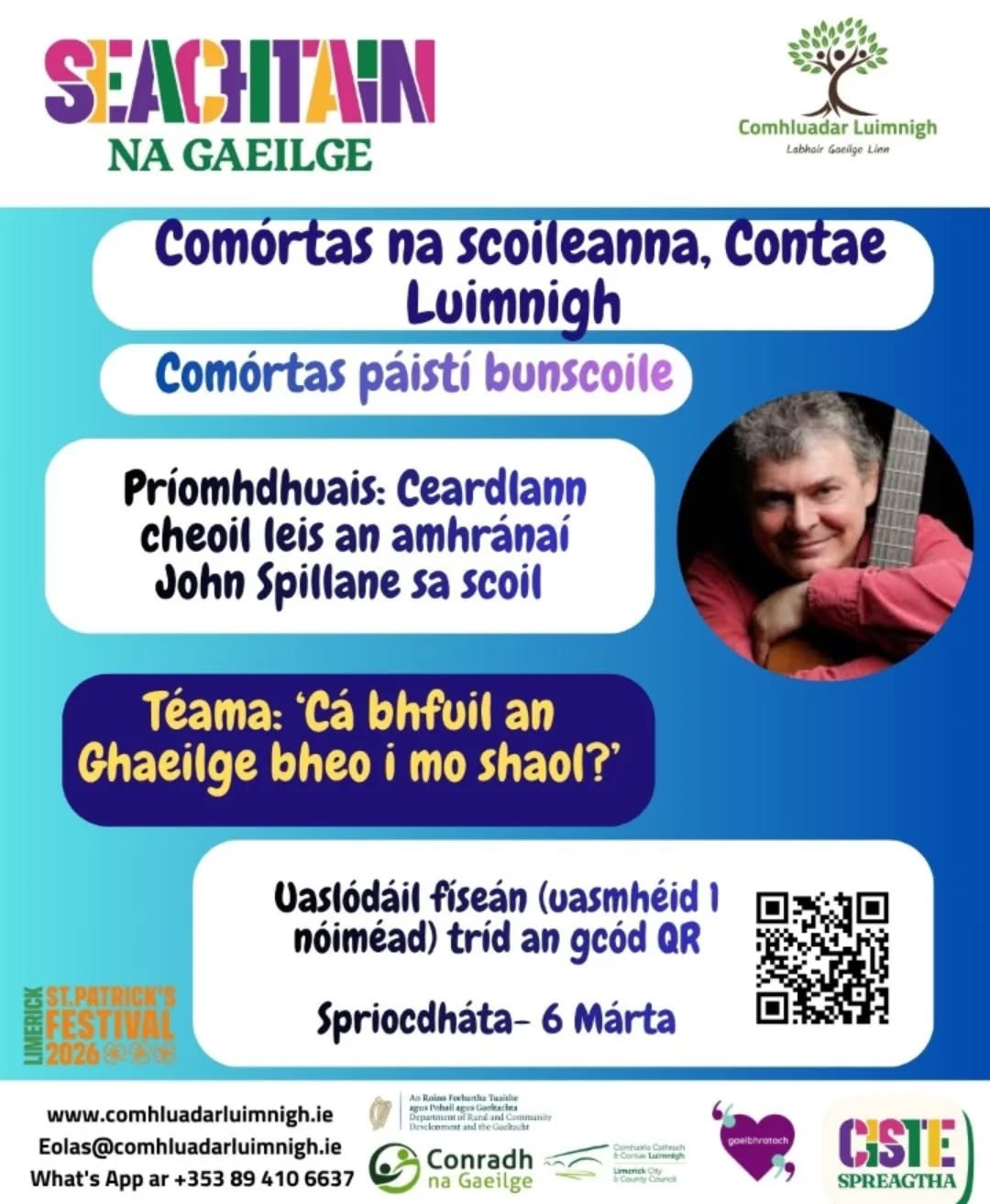 ✨Comórtas na scoileanna, Contae Luimnigh✨
Beidh deis ag daltaí ceardlann cheoil le John Spillane an t-amhránaí a bhuachan🎶
Lean na céimeanna thuas don chomórtas.
Tá tuilleadh eolais ar fáil ó Ava ag foireanncl@gmail.com.
@snagaeilge
@gaelbhratach
@limerickcityandcountycouncil