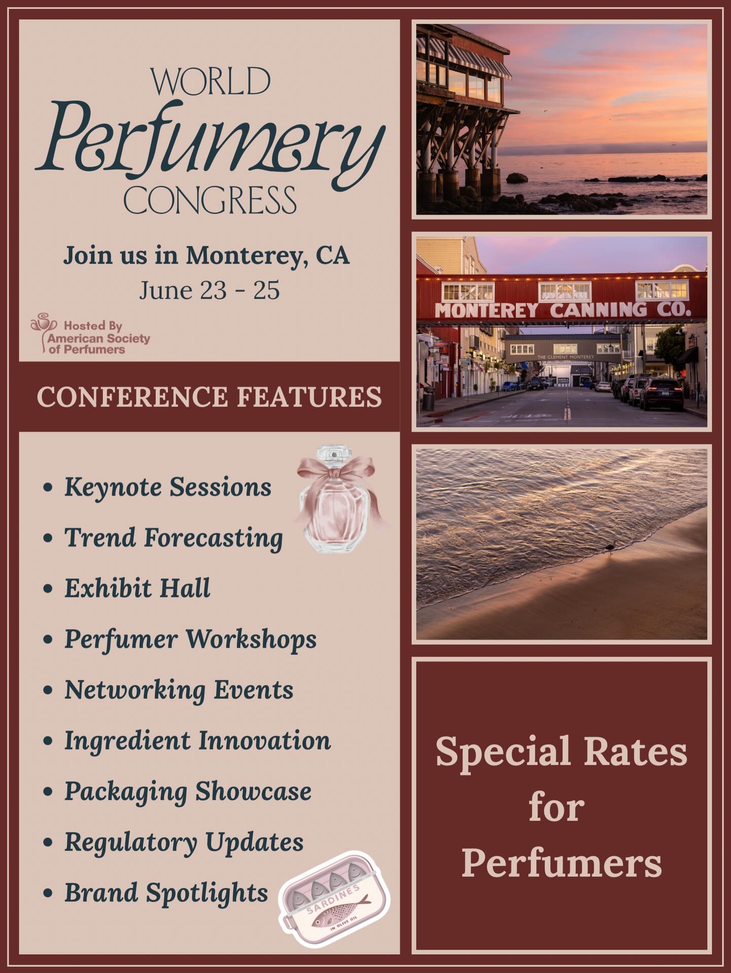 The countdown is on! ⏳
The World Perfumery Congress is just around the corner. Join us June 23–25 in Monterey for three immersive days of innovation, insight, and industry connection.
Hosted by American Society of Perfumers, this premier gathering brings together fragrance professionals from around the globe for:
✨ Expert-led conference sessions
✨ Cutting-edge research and market insights
✨ A dynamic Expo Hall featuring leading suppliers and partners
✨ Unmatched networking opportunities
Now is the time to secure your spot, register ASAP to lock in the best available rates for all three days of programming and access to the Expo Hall.
🎟️ Special rates are available for perfumers, making it easier than ever to be part of the conversations shaping the future of fragrance: www.wpc.perfumers.org
Don’t miss your chance to connect, learn, and be inspired in beautiful Monterey.
#WorldPerfumeryCongress #WPC2026 #FragranceIndustry #Perfumery #RegisterNow
