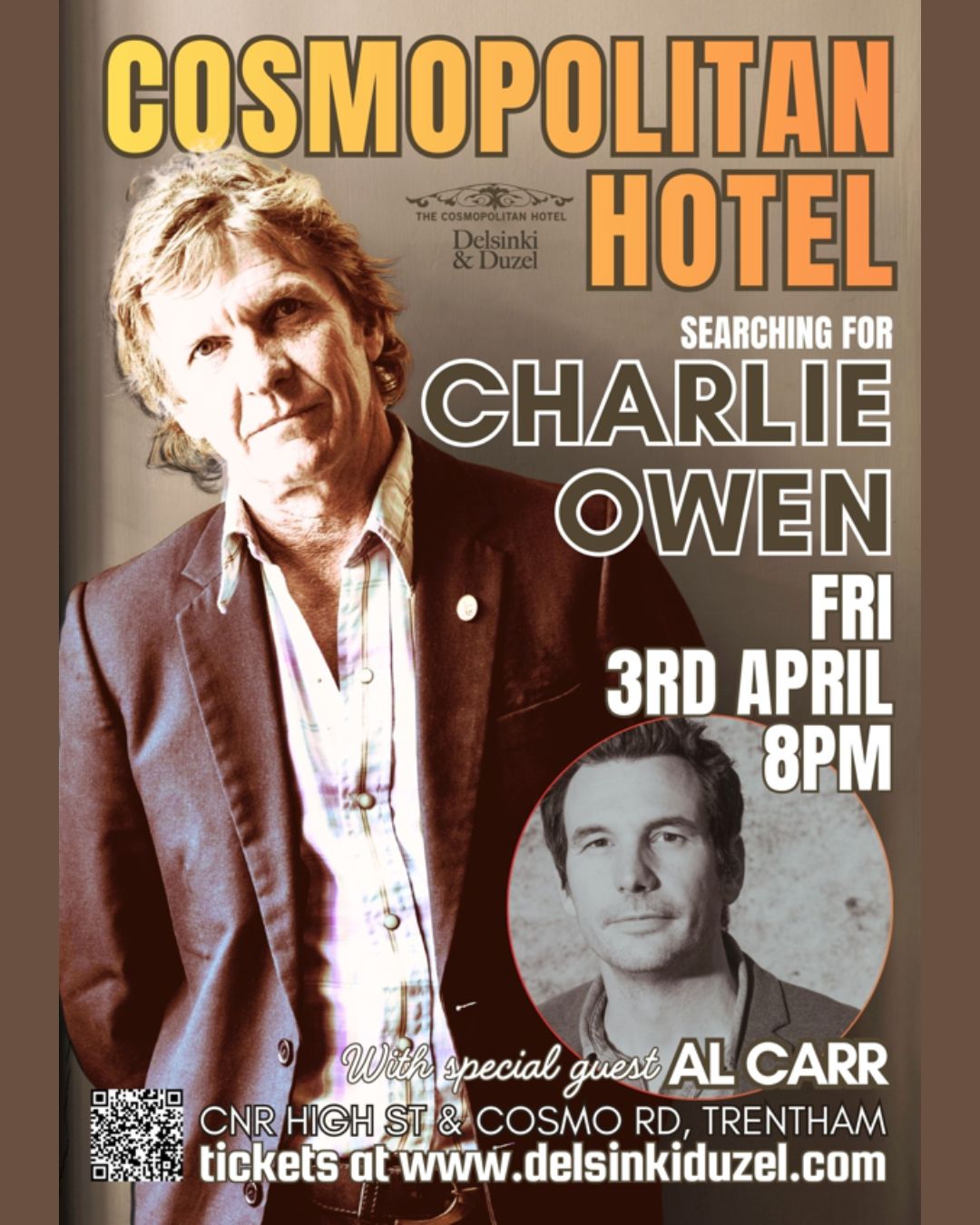 @charlieowenmusic and spoken-word show has become one of the must-see events on the Australian touring calendar. The performances, retracing his storied career under the “Searching for Charlie Owen” banner, have attracted full houses and warm reviews up and down Australia’s east coast.
From his work with Tex, Don and Charlie, Beasts of Bourbon, The New Christs and Divinyls, to collaborations with Louis Tillett, Paul Kelly, Tex Perkins and the Working Class Ringos, Charlie has consistently pushed the boundaries of his craft while captivating audiences with ferocious, and at times tender, performances.
Long considered a guitarist’s guitarist, Charlie’s poignant Searching… shows take audiences backstage through his warm, funny and sometimes deeply moving reflections on the people he has met and played with. Many of the songs featured in the show are deeply personal, including works he has written or co-written, bringing audiences closer to the stories and creative partnerships that have shaped his remarkable career.
With a career spanning four decades, there are many back pages still to explore. Don’t miss these special shows and the opportunity to share Charlie’s passion up close and personal.
SEARCHING FOR CHARLIE OWEN WITH SPECIAL GUEST AL CARR @alcarrmusic
Date: Friday, 3RD APRIL 2026
Doors: 7:30pm
Showtime: 8:00pm
Ticket Price: $40
Pre-show dinner bookings are welcome via The Cosmo website.