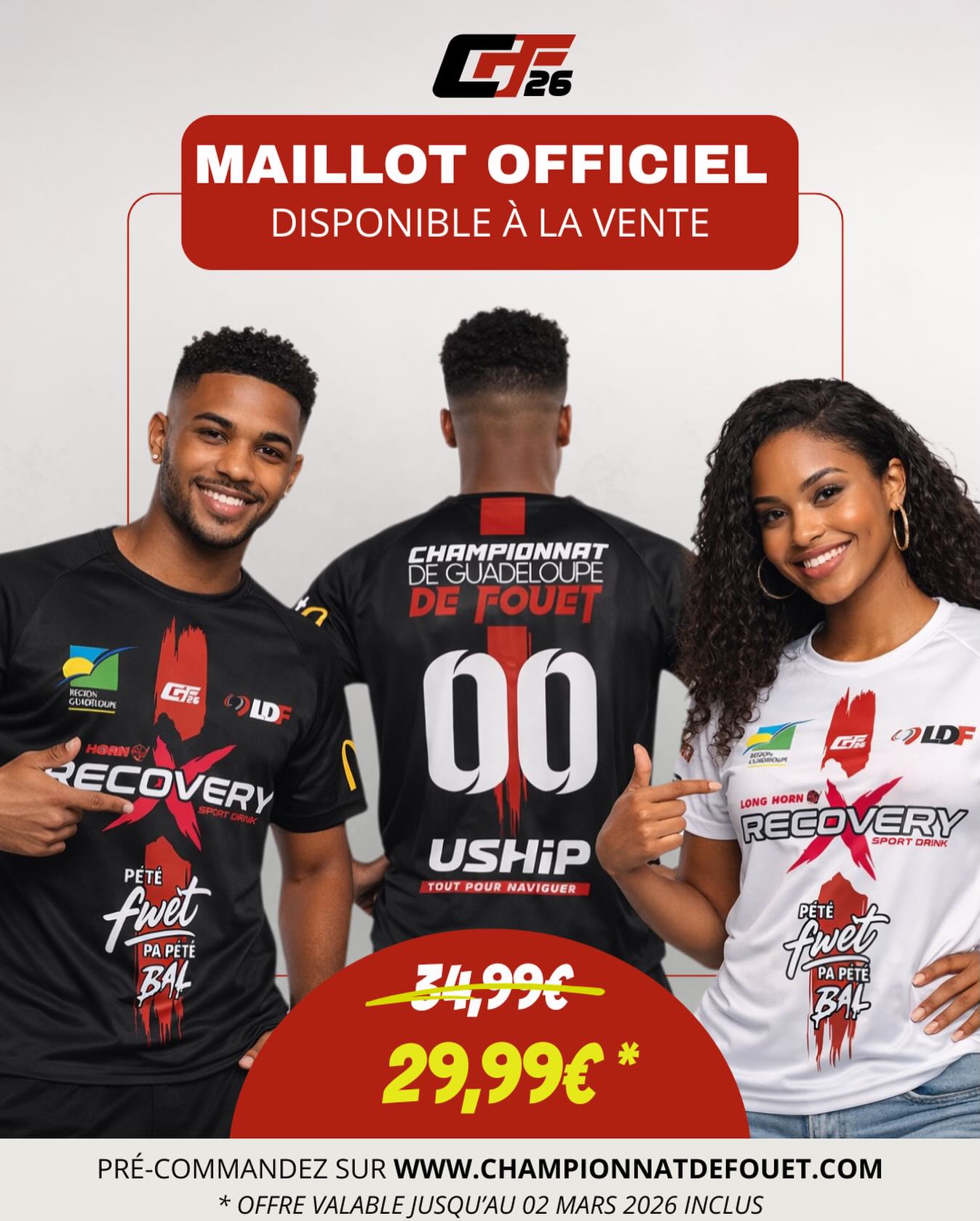 Les maillots officiels du Championnat de Guadeloupe de fouet sont enfin disponibles 🥊
Puissance. Fierté. Identité.
Ce n’est pas juste un maillot.
C’est un symbole.
⚡ Édition limitée
🛒 Disponible dès maintenant sur notre site www.championnatdefouet.com