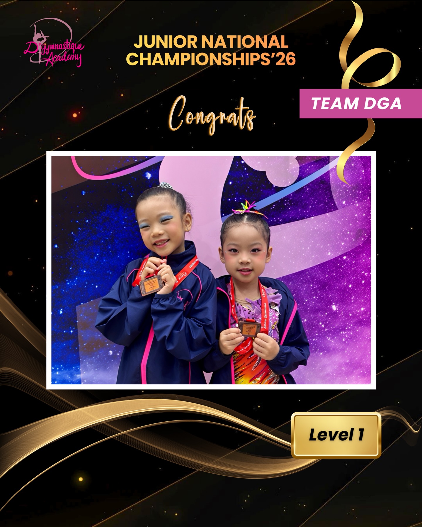 We are delighted and proud to share that our DGA Gymnasts participated and competed in the Junior National Championships 2026 last weekend! 🤗
Firstly, we would like to congratulate our youngest DGA gymnasts who competed bravely in the Level 1 Category. Your courage, effort, and determination truly shone through. Keep improving and keep shining! ✨
L1 (7y/o)
🥉Noelle Lee & Ellery Tan
Thank you coaches for your hard work & dedication!💜
#TeamDGA