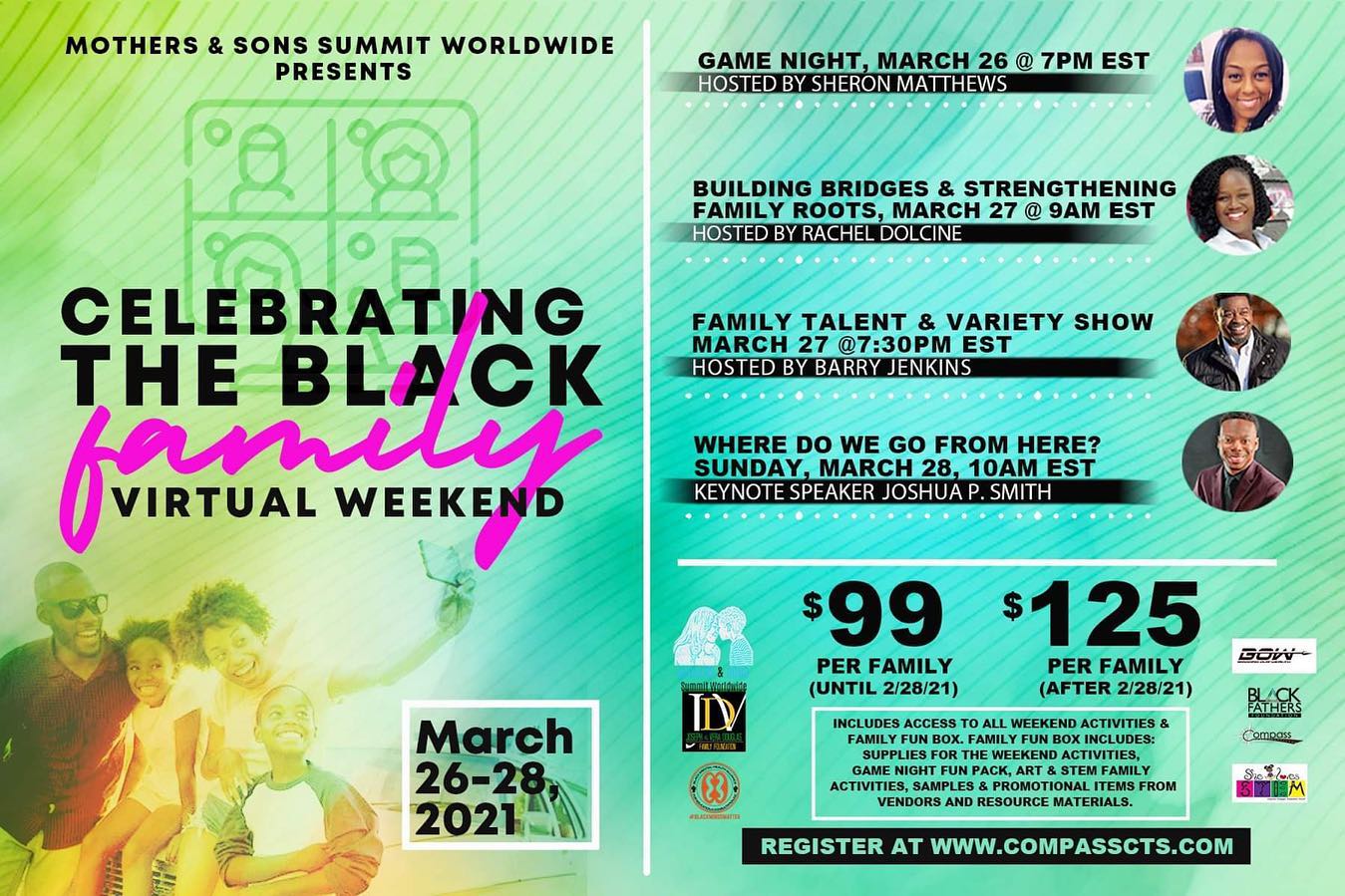 You don’t want to miss a fun and exciting weekend experience for the entire family!
Date: March 26-28th
Weekend activities include:
=> Game Night, March 26, 7pm EST
=> Family Conference, March 27, 9a-2p EST
=> Family Variety & Talent Show, March 27, 7:30pm EST (there will be prizes🎉)
=> Where Do We Go From Here? March 28, 10am-11am EST
PLUS...
❤️ Family Cook-A-Longs 🧑🏾🍳🥘🍳
❤️ Yoga 🧘🏾♀️
❤️ music by DJ Tuturella 🎶🎤🎸🥁
PLUS...
+ Each registered family will be shipped a Family Fun Box 📦
Family fun boxes will include:
=> goodies from vendors and sponsors;
=> family craft activity;
=> STEM activity from @shelovesstem for the family (to be completed at the conference);
=> game night fun pack;
=> and more!
Learn more about Celebrating the Black Family Virtual Weekend & purchase tickets at @ www.compasscts.com or on @eventbrite by searching “Celebrating The Black Family Weekend” 😃