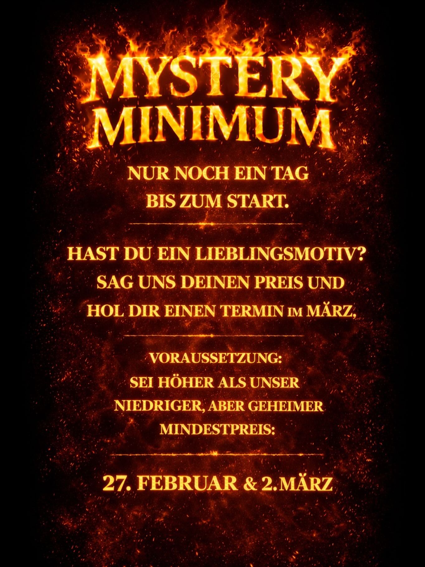 Dein nächstes Tattoo beginnt mit einer Idee
und diesmal auch mit deinem Preis.💭
Für diese Aktion bestimmst du, was dir dein Wunschmotiv wert ist.💸
Wir prüfen dein Angebot im Hintergrund.
Triffst oder überbietest du unseren geheimen Mindestpreis, sicherst du dir deinen Termin im März.
Liegt dein Angebot darunter – kein Termin im Rahmen des Spiels.
Eine besondere Aktion für alle, die sich ihr nächstes Piece sichern möchten.
⚡️ 27.2 & 2.3
🕙 10:00 – 18:00
📍 im DC Tattoostudio
📩 oder per Mail, WhatsApp & Telefon
Wir freuen uns auf eure Angebote.
Bei Fragen bitte direkt ans Studio wenden. 🖤
#tattoo #tattoostudio #inked #tattoolife #tattoodeal