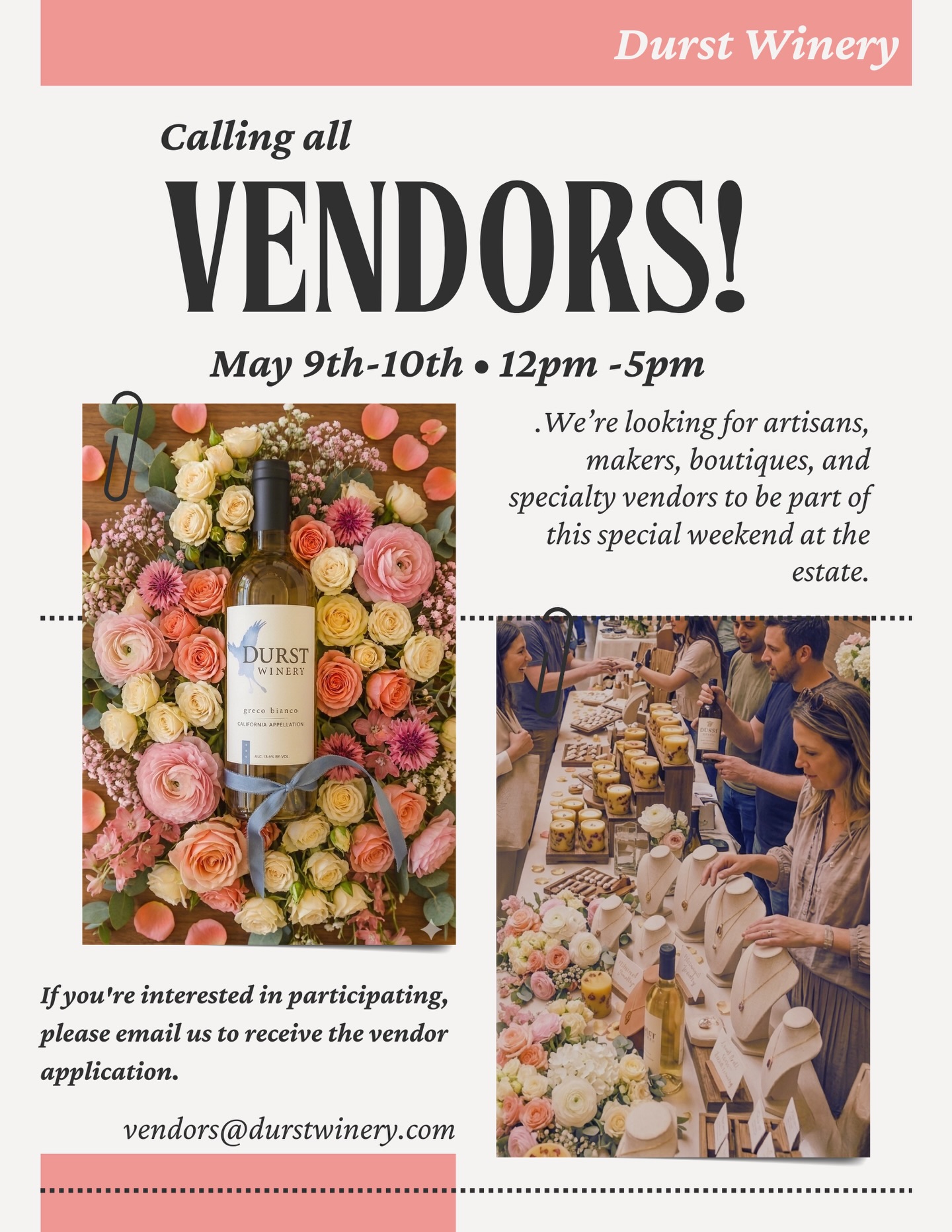 💐We’re now accepting vendor applications for our Mother’s Day Weekend Celebration at Durst Winery & Estate.
Join us for a beautiful spring weekend featuring wine, spritzers, delicious food, desserts, live music, and a curated selection of local vendors on the estate.
We’re looking for artisans, makers, boutiques, and specialty vendors to be part of the experience.
Event Details:
May 9 & May 10
12 PM – 5 PM
To receive the vendor application, please email:
📧 vendors@durstwinery.com
Vendor spaces are limited and expected to fill quickly.
#durstwinery #lovedurst #mothersday #visitlodi