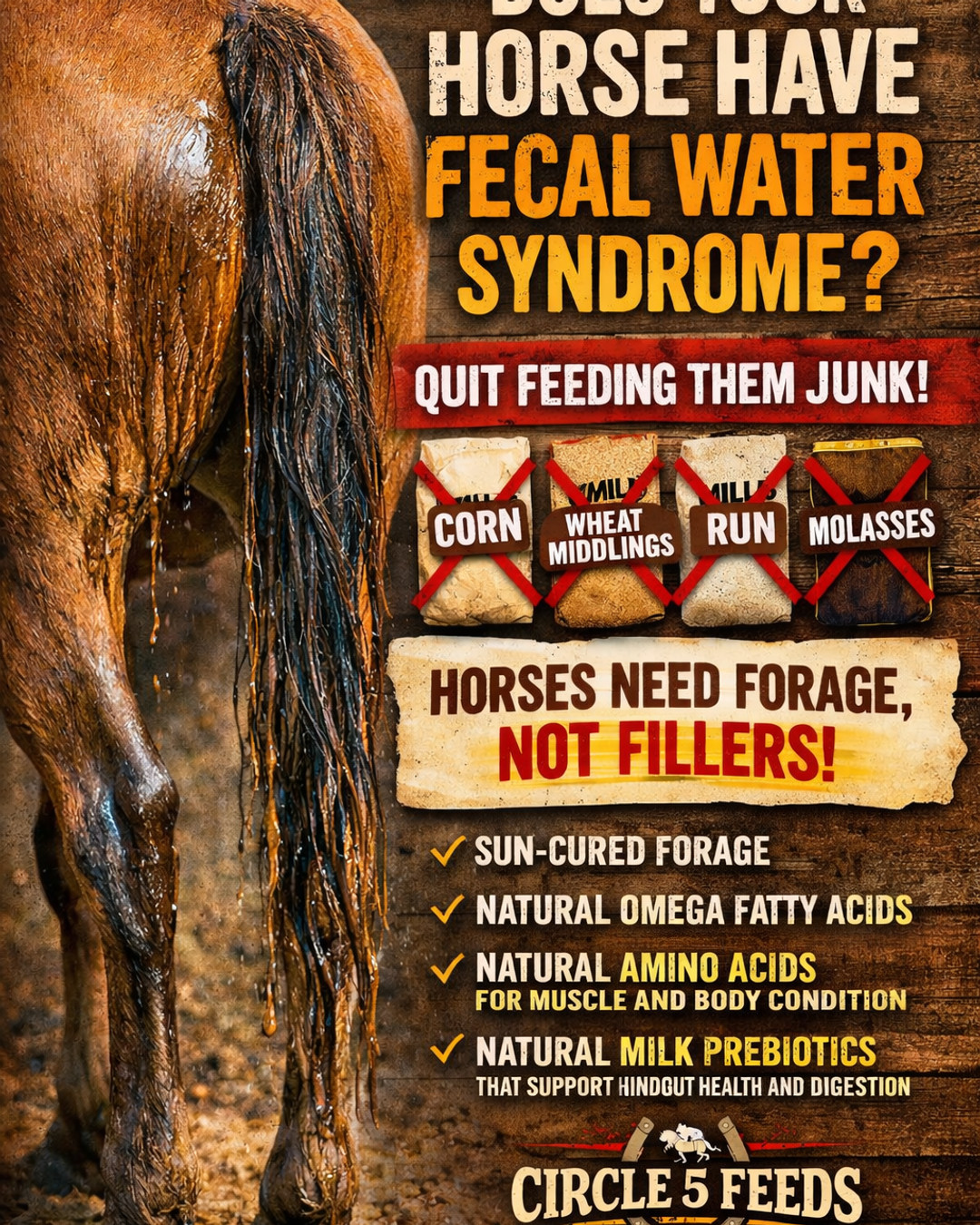 Ever heard of Fecal Water Syndrome in horses?
It’s when a horse passes normal manure balls, but brown water leaks or squirts out before, during, or after they go. It runs down their tail and hind legs and can cause irritation and discomfort.
And we’re seeing it more and more.
Why?
Because many commercial horse feeds today are loaded with things like:
• Corn
• Wheat middlings
• Mill run
• Molasses
These ingredients are high in sugar and starch, and the truth is…
Horses were never designed to eat that way.
A horse’s digestive system was built for forage — grass, hay, and natural fiber. When horses are fed large amounts of grain and sugary ingredients, the starch overwhelms the digestive system and spills into the hindgut.
That’s when problems start:
• Gut imbalance
• Poor fermentation
• Water separation in manure
• Fecal Water Syndrome
So the real question is…
Why do we keep feeding horses things they weren’t designed to eat?
At Circle 5 Feeds, we believe in feeding horses the way the Good Lord designed them — with forage-based nutrition and natural ingredients, not cheap fillers.
Our feeds focus on:
✓ Sun-cured forage
✓ Natural Omega fatty acids
✓ Natural amino acids for muscle and body condition
✓ Natural milk prebiotics that support hindgut health and digestion
Because when the hindgut is healthy, the whole horse benefits.
If your horse struggles with fecal water syndrome, digestive upset, or inconsistent manure, it may be time to look at what’s in the feed bucket.
Sometimes the solution is simply feeding the horse what it was created to eat.
🐎 Circle 5 Feeds — Damn Fine Feed for Horses.
#FeedYourHorseRight #ForageFirst #KnowWhatsInYourFeed #HorseFeedFacts