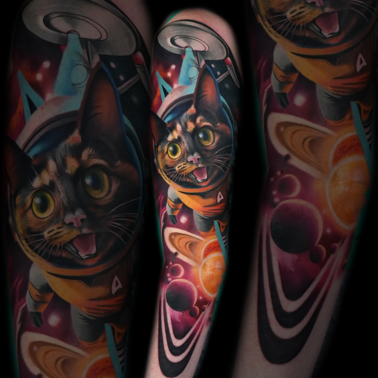 Client came in wanting a portrait of her cat floating in space. Cool idea… but we pushed it further.
After the consult, we realized she’s a huge Star Trek fan, so instead of just doing a cat with a galaxy background, we turned her cat into Captain Kirk. Same attitude, same confidence… just with more fur.
That’s the difference between just doing a tattoo and actually designing something personal. It’s not about slapping space behind a cat. It’s about finding the layer that makes it hers.
#startrek #cat #cattattoo