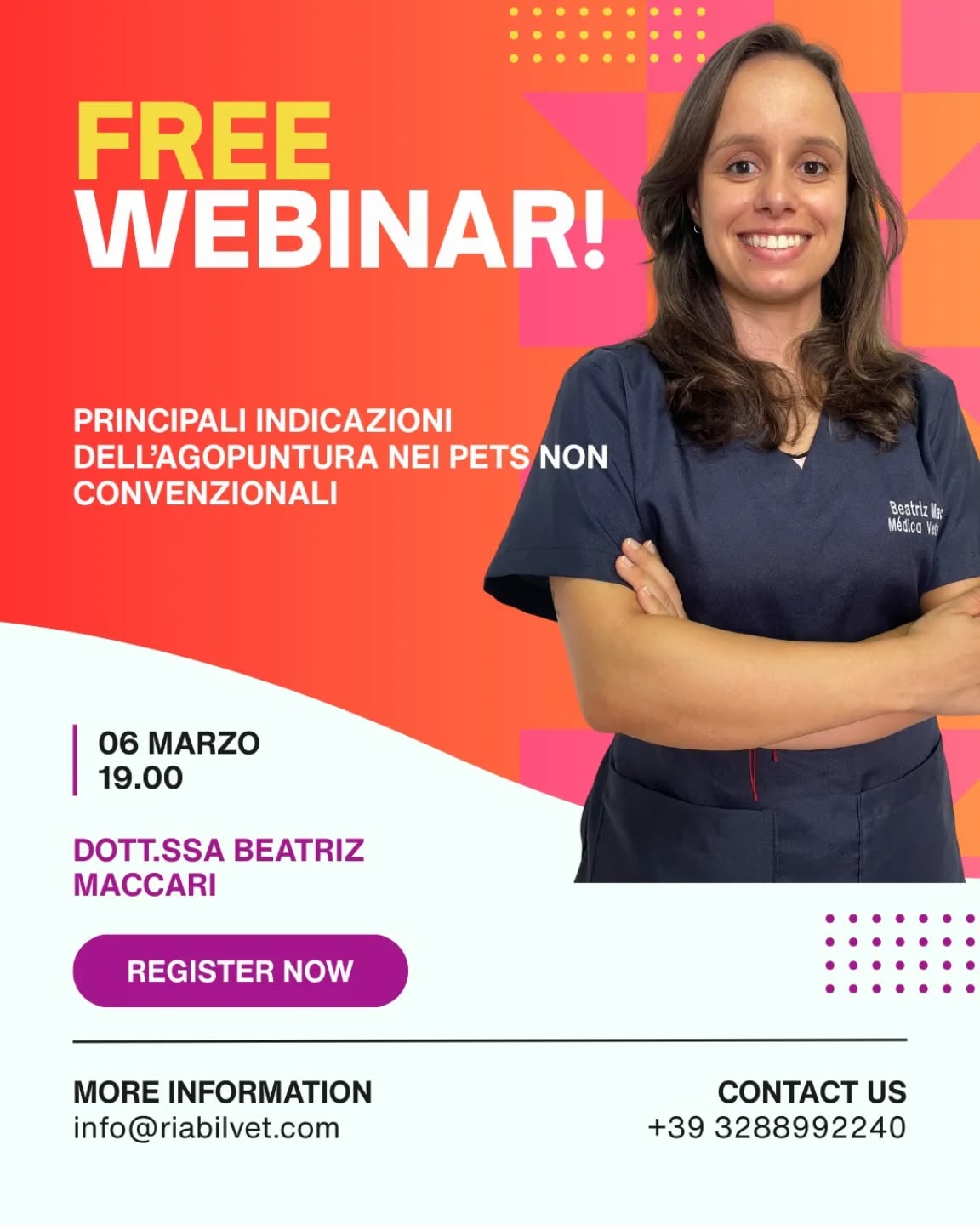 🦜 Principali indicazioni dell’agopuntura nei pets non convenzionali
Una serata dedicata a chi vuole andare oltre la medicina tradizionale.
Il 06/03 alle ore 19:00, RIABILVET presenta una lezione esclusiva per i soci con:
👩⚕️ Dott.ssa Beatriz Maccari
Veterinaria con formazione in animali selvatici e medicina integrativa, specializzata in agopuntura veterinaria.
🎓 Formazione e Percorso Professionale
✔ Laurea in Medicina Veterinaria – FMU (2016)
✔ Residenza in Medicina degli Animali Selvatici – Zoo di Sorocaba / UNESP Botucatu
✔ Post-laurea in Agopuntura Veterinaria – IBRA (2021)
✔ Fondatrice del Consultorio per Animali Selvatici TUKAN (dal 2019)
✔ Attualmente attiva nell’agopuntura domiciliare e medicina integrativa per animali domestici e pets non convenzionali a San Paolo (Brasile)
💡 Perché questa lezione è imperdibile?
L’agopuntura nei pets non convenzionali è un ambito in forte crescita e ancora poco esplorato.
Durante l’incontro verranno approfonditi:
✨ Indicazioni cliniche più frequenti
✨ Approccio integrativo in specie non convenzionali
✨ Esperienza pratica sul campo
✨ Casi clinici reali
Un’opportunità concreta per ampliare le proprie competenze e distinguersi professionalmente.
🔒 Evento esclusivo per associati RIABILVET
📅 06 marzo
🕖 Ore 19:00
Se sei già socio, non perdere questa occasione.
Se non lo sei ancora… questo è il momento giusto per entrare nella nostra comunità scientifica.
👉 Segui il profilo
👉 Attiva le notifiche
👉 Diventa socio RIABILVET
La riabilitazione e la medicina integrativa non hanno confini di specie.
#RIABILVET #AgopunturaVeterinaria #PetsNonConvenzionali #MedicinaIntegrativa #VeterinaryAcupuncture FormazioneVeterinaria