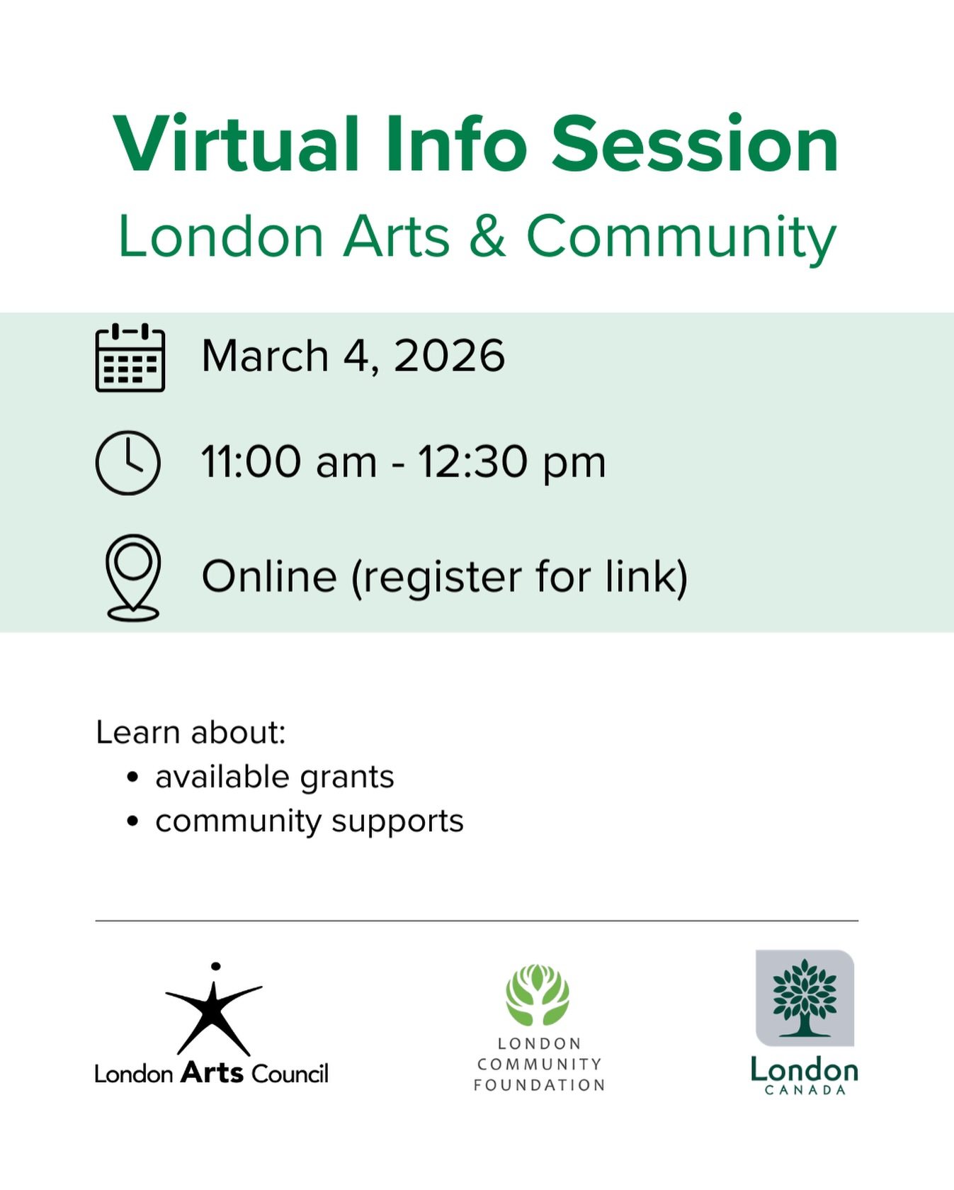 Information Session – London Arts & Community
Looking for funding, resources, or new opportunities to grow your arts practice or community arts project? Join us for a virtual info session and discover programs that support small-scale arts initiatives, activities, events, or projects across London.
🗓️Wednesday, March 4, 2026
⏰11:00 am – 12:30 pm
📍Online event
📧A link will be sent to registered participants (link in bio)
Hosted by the London Arts Council, in partnership with the London Community Foundation and the City of London Neighbourhood & Community-Wide Services, this session will highlight available grants, community supports, and more.
Agenda includes:
• Community Arts Investment Program (CAIP)
• Music For Good – Paul Seed Fund
• Neighbourhood Small Events Fund & Event Equipment Lending Program
• Q&A (send questions in advance: info@londonarts.ca)
Don’t miss this chance to help bring more vibrant arts experiences to our community! 🤩