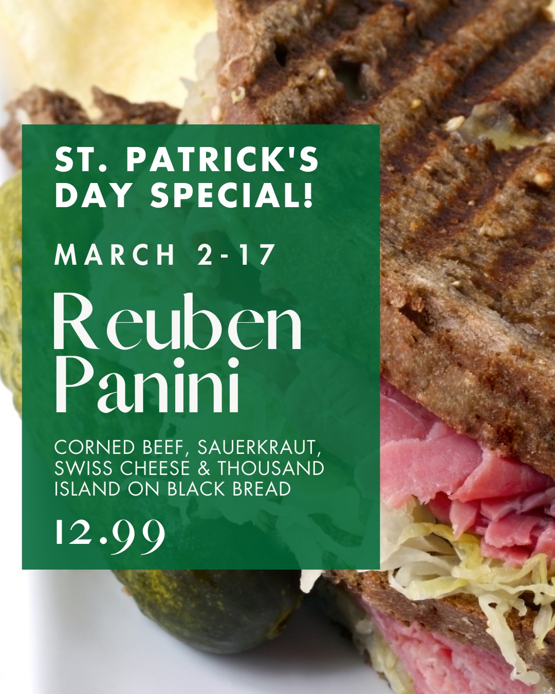 🔥 Now Available! 🔥 \
The Reuben Panini is here, packed with corned beef, sauerkraut, Swiss cheese, and Thousand Island on perfectly grilled black bread. 🤤 Get yours before it’s gone—available now through March 17! 🍀🥪
Glencoe, Evanston, Lake Forest, and Glenview
#ReubenPanini #LimitedTime #StPatricksSpecial #Foodstuffs