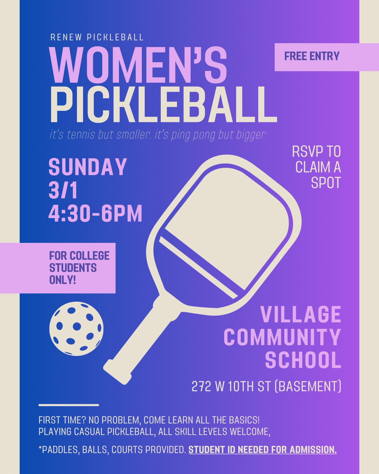 Resuming our Women’s Pickleball Open Gym THIS SUNDAY at Village Community School at 4:30pm 🥒🏓
Sign-up on our Linktree in our bio
#pickleball #free #collegestudents #renewcollegechurch #womensports