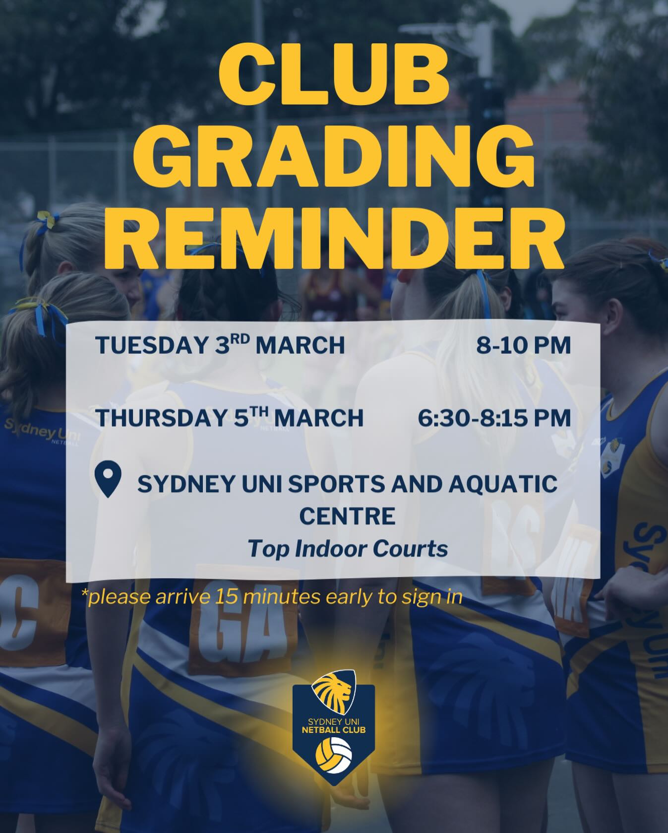 Friendly reminder that our Grading Sessions are being held this week on Tuesday and Thursday!! If you haven’t done so yet, please fill out the grading survey link in our bio. Hope to see many of you there! 🦁 #SUNC