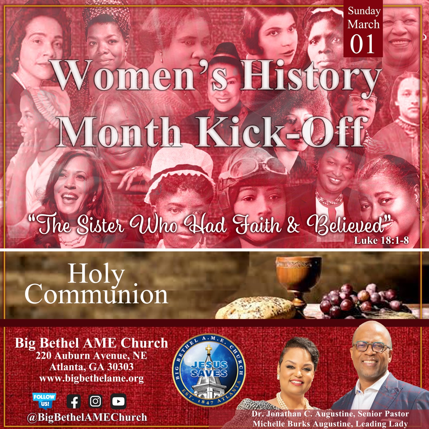 Women’s History Month Kick-Off at Big Bethel AME Church ✨🌺
Join us this Sunday as we begin Women’s History Month with a powerful celebration honoring the faith, courage, and legacy of women who paved the way.
This year’s theme:
“The Sister Who Had Faith & Believed”
📖 Luke 18:1–8
We will also observe Holy Communion as we gather at the Lord’s table in unity and gratitude.
Come ready to worship. Come ready to reflect. Come ready to celebrate the women who believed… and because they believed, we can!
#WomensHistoryMonth #BigBethelAME #JesusSaves #HolyCommunion #AtlantaChurch