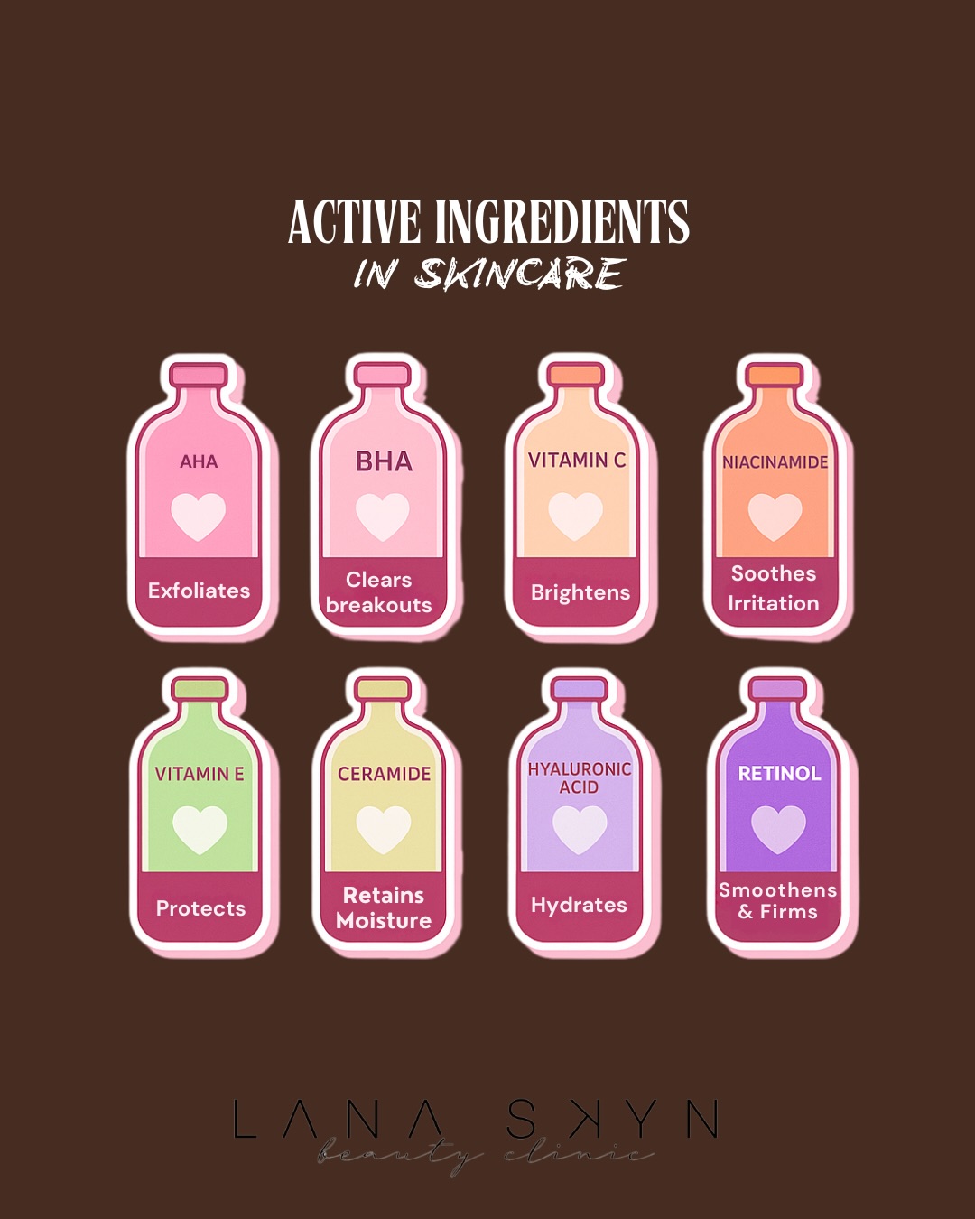Most people don’t have bad skin.
They have the wrong ingredients.
Expensive products don’t fix confusion.
Understanding what skin actually needs does.
AHA for glow.
BHA for breakouts.
Vitamin C for pigmentation.
Retinol for texture.
Ceramides for barrier repair.
When the wrong actives are mixed or overused, irritation starts.
When the right ingredients are chosen, skin changes.
Save this guide before buying another serum.
Skin consultations available at Lana Skyn.
