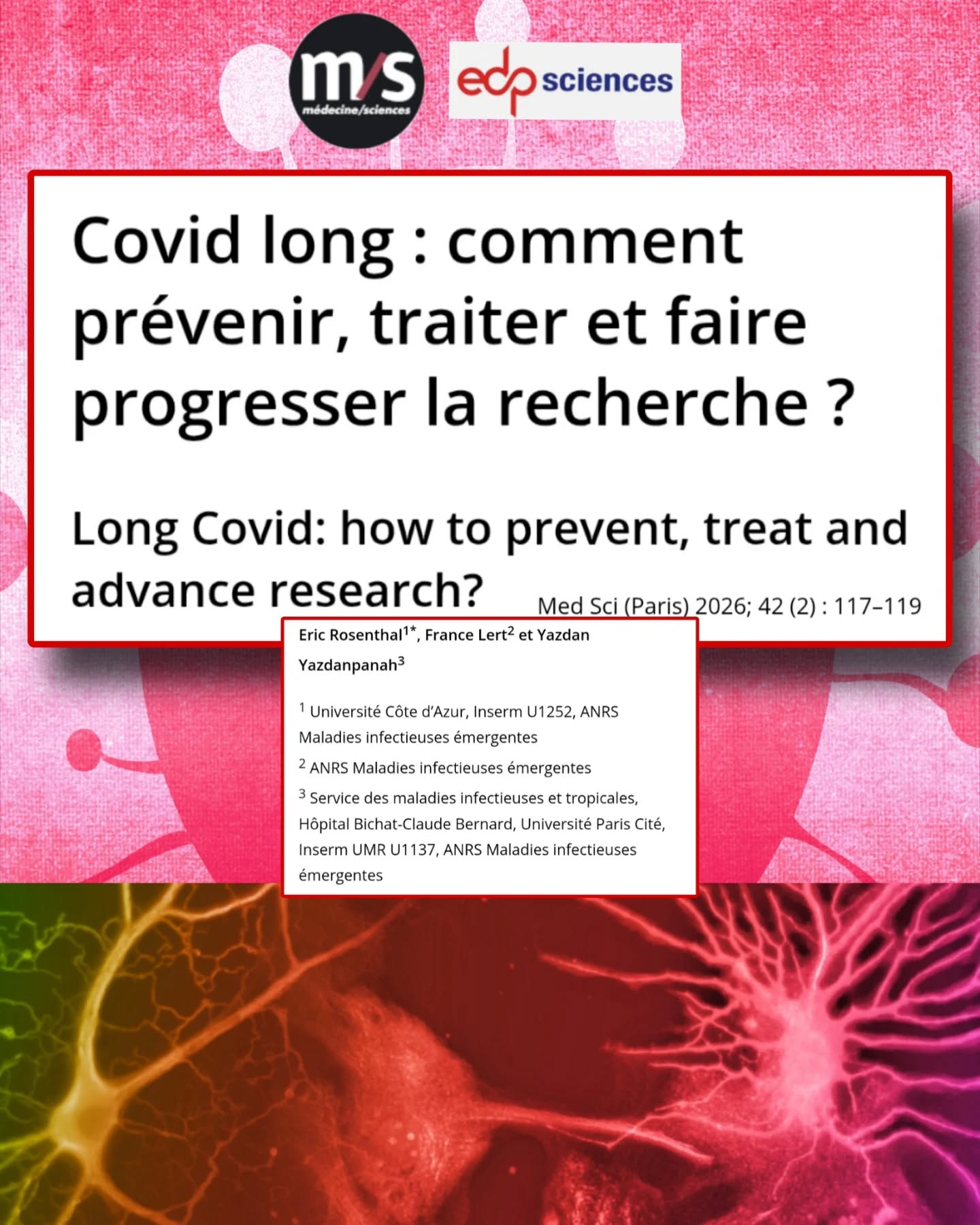 🧵Analyse associative de l’article
« Covid long : comment prévenir, traiter et faire progresser la recherche ? » (Med Sci, 2026)
1️⃣ Cet article constitue une synthèse utile de la position institutionnelle française sur le #CovidLong.
Il reconnaît la réalité de la maladie, son impact social et économique, ainsi que la nécessité d’une recherche structurée et de traitements ciblés.
A retenir 👇
2️⃣✔️ Synthèse et vue d’ensemble structurée de l’état des connaissances
✔️ Reconnaissance des hypothèses physiopathologiques majeures :
– persistance virale
– auto-immunité
– endothélium
– coagulation
– mitochondries
3️⃣✔️Reconnaissance de l’hétérogénéité du #CovidLong
✔️ Insistance sur la nécessité de sous-groupes biologiques et de biomarqueurs
👉 Cela fait écho à la direction prise par la recherche actuelle.
4️⃣✔️Positionnement réaliste : pas de traitement validé à ce jour
✔️ Message convergent avec la littérature internationale récente
✔️ Plaidoyer pour financement long terme
✔️ Importance des cohortes bien caractérisées
✔️ Inclusion des patients dans les protocoles
5️⃣ ✔️Reconnaissance explicite du rôle des patients et des associations
✔️ Comparaison pertinente avec le VIH
✔️ Reconnaissance du déni initial et de l’errance médicale
Citation importante :
« Face à une attitude de suspicion et de déni du caractère organique de leurs symptômes, ces personnes ont été contraintes à une errance thérapeutique insatisfaisante et dangereuse. »
6️⃣ ✔️Reconnaissance du rôle des associations pour documenter la maladie, alerter, soutenir et faire avancer la recherche participative.
👉C’est un signal symboliquement important.
7️⃣ Des Points à discuter 👇
L’article adopte une perspective institutionnelle, centrée sur l’organisation de la recherche et de la santé publique.
Cela éclaire utilement les enjeux scientifiques, mais laisse en arrière-plan certaines réalités vécues par les patients.
8️⃣ L’article rappelle l’absence actuelle de traitement validé, mais n’analyse pas les raisons de cette situation :
– sous-financement historique de la recherche sur les syndromes post-infectieux
– fragmentation des recherches
– lenteur des essais mécanistiques
⏬Suite en commentaire⏬
