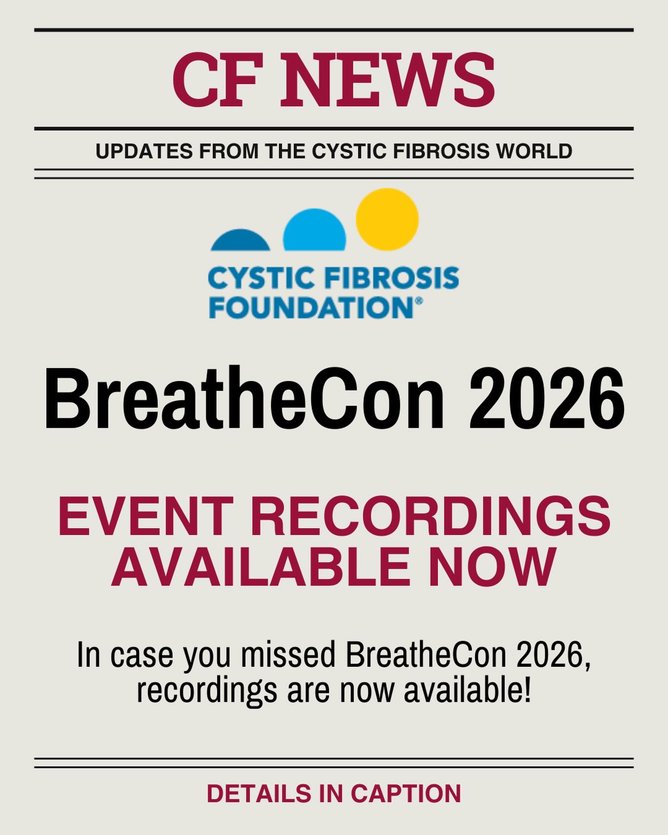 In case you missed BreatheCon 2026, don't worry - recordings are now available!
🔹BreatheCon 2026 highlights:
- Life with CFRD: Ask Me Anything Panel
- Discussions on Non-Pulmonary Challenges
- Communicating and Coordinating your CF Care Panel
- Parenting with CF
- Navigating a New CF Diagnosis
- Advocacy 101 Panel
🔹Recordings are now available at https://app.events.ringcentral.com/events/breathecon-2026/replay or the link in our bio.
#breathecon2026 #cfirl #cysticfibrosis #cfawareness